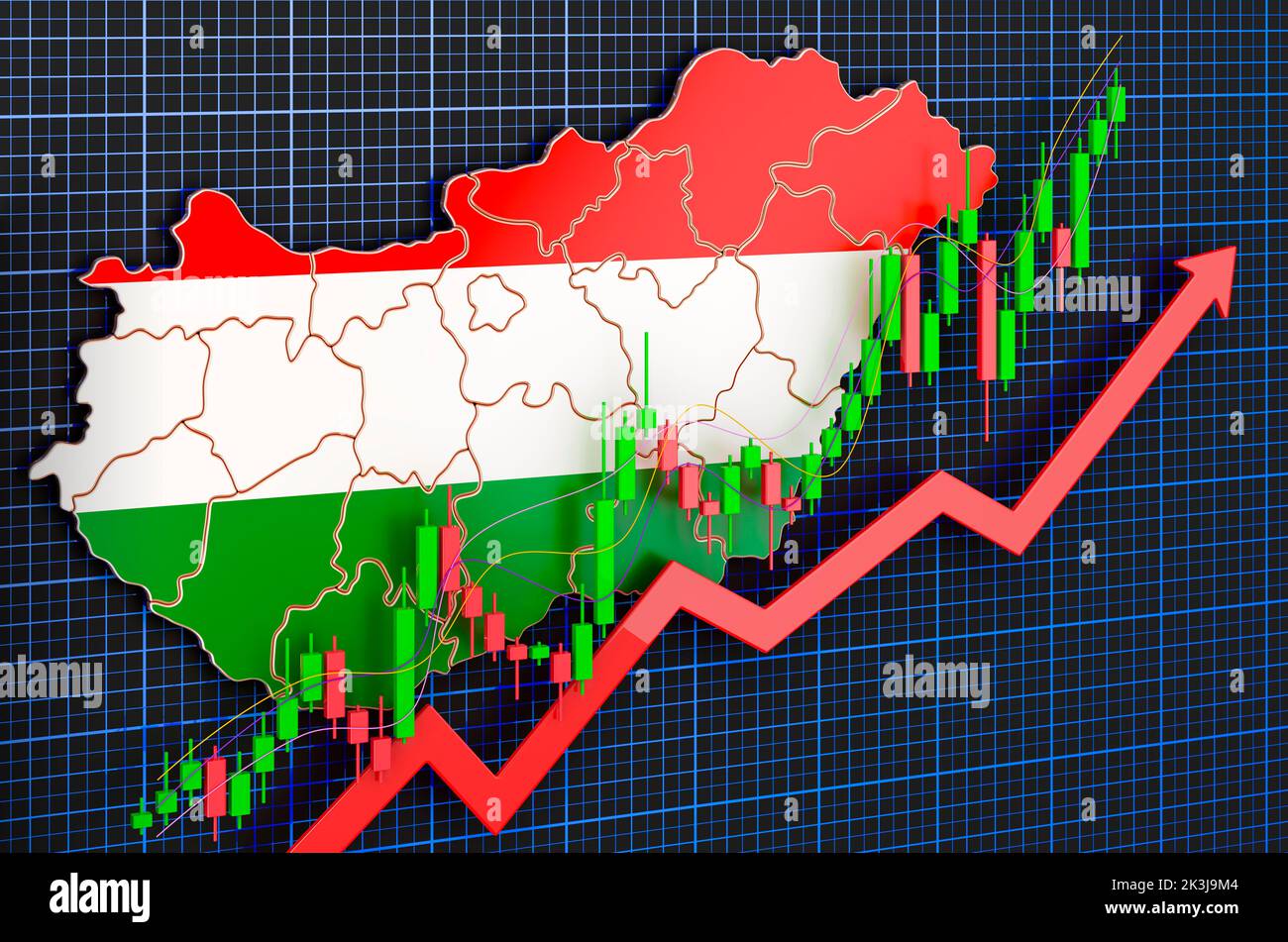 Wirtschaftswachstum in Ungarn, Aufwärtstrend Markt, Konzept. 3D Rendering auf blauem, dunklem Hintergrund Stockfoto