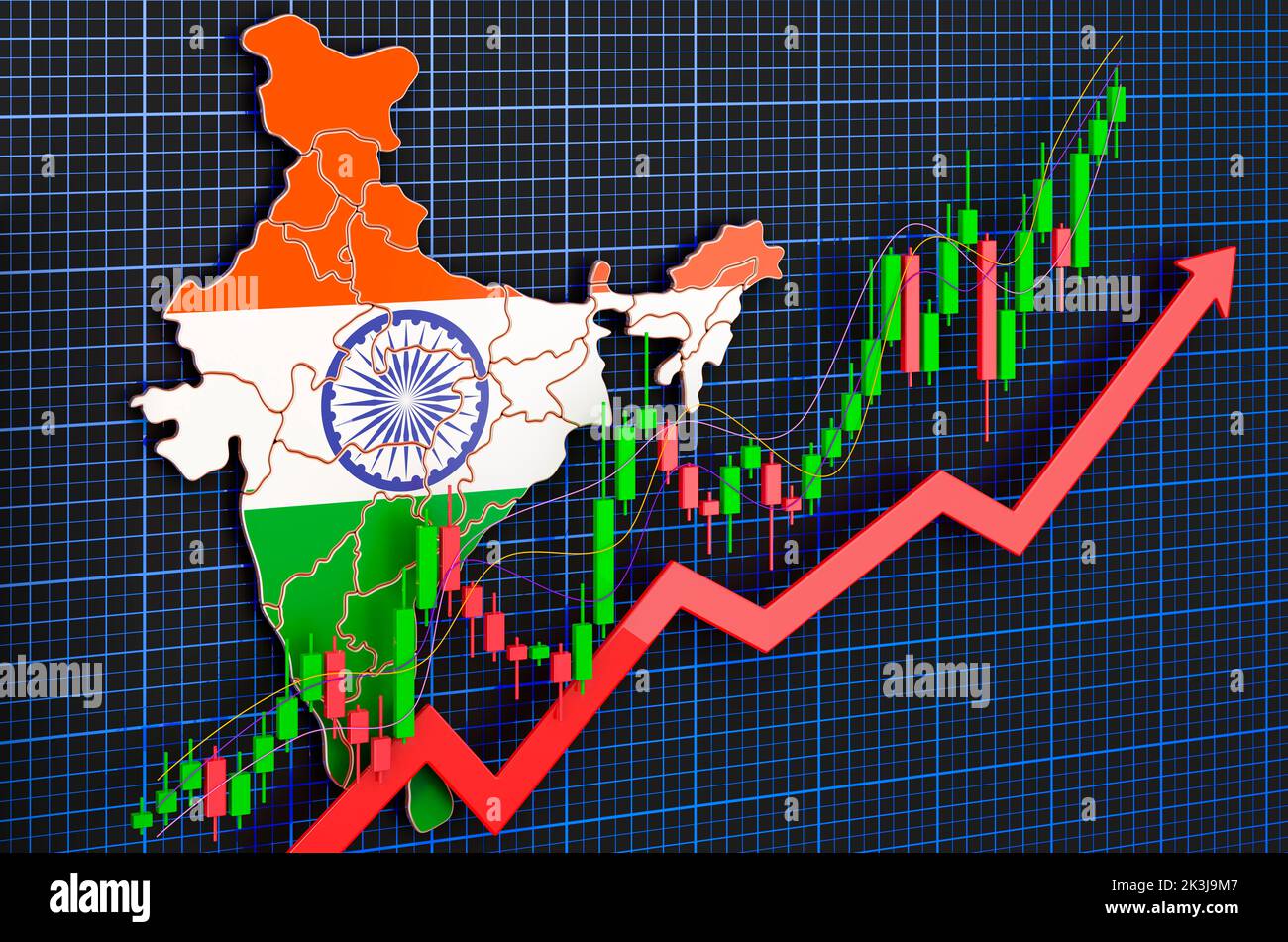 Wirtschaftswachstum in Indien, Aufwärtstrendmarkt, Konzept. 3D Rendering auf blauem, dunklem Hintergrund Stockfoto