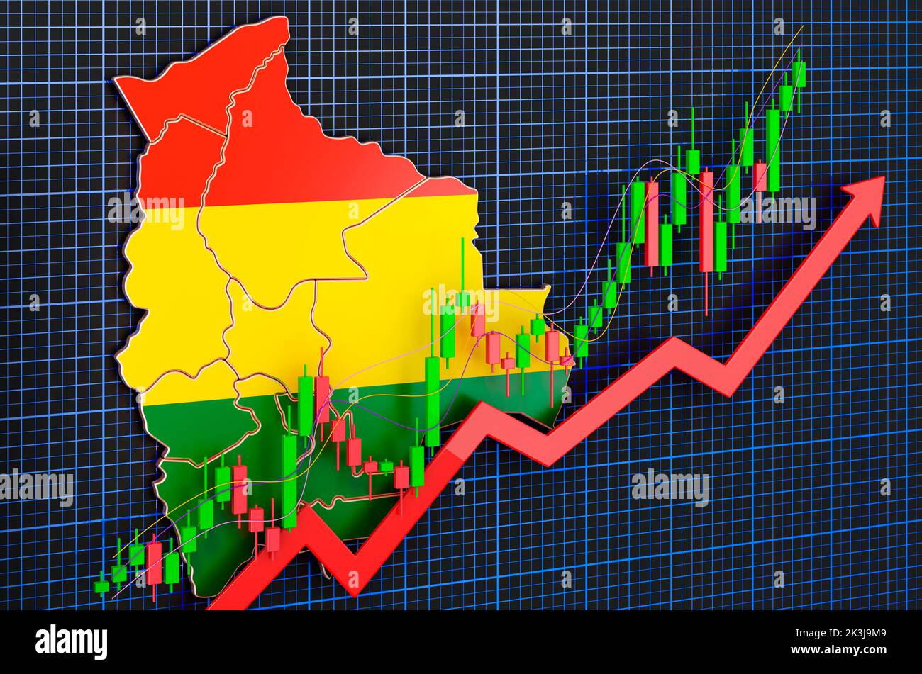 Wirtschaftswachstum in Bolivien, Aufwärtstrendmarkt, Konzept. 3D Rendering auf blauem, dunklem Hintergrund Stockfoto
