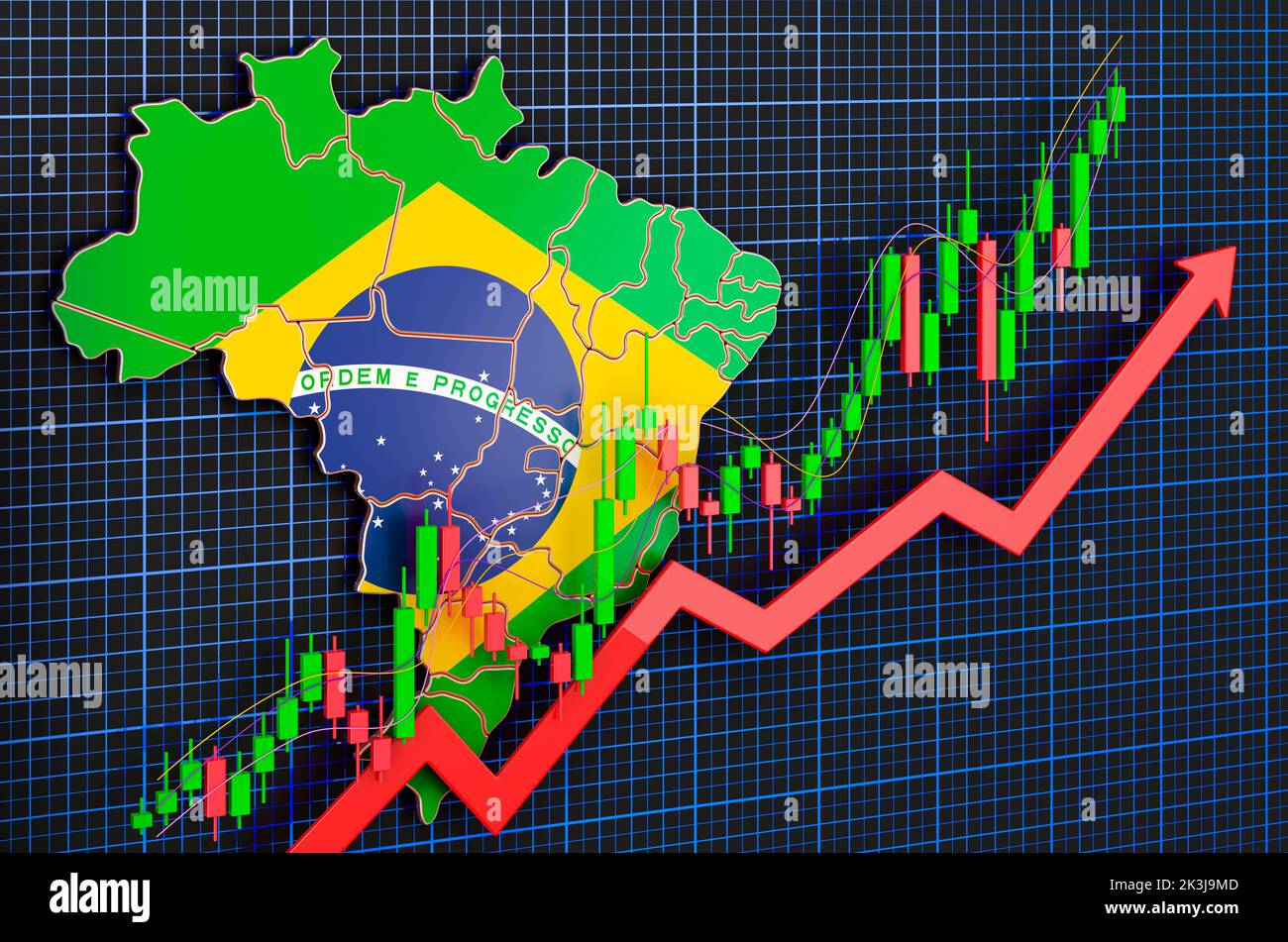 Wirtschaftswachstum in Brasilien, Aufwärtstrendmarkt, Konzept. 3D Rendering auf blauem, dunklem Hintergrund Stockfoto