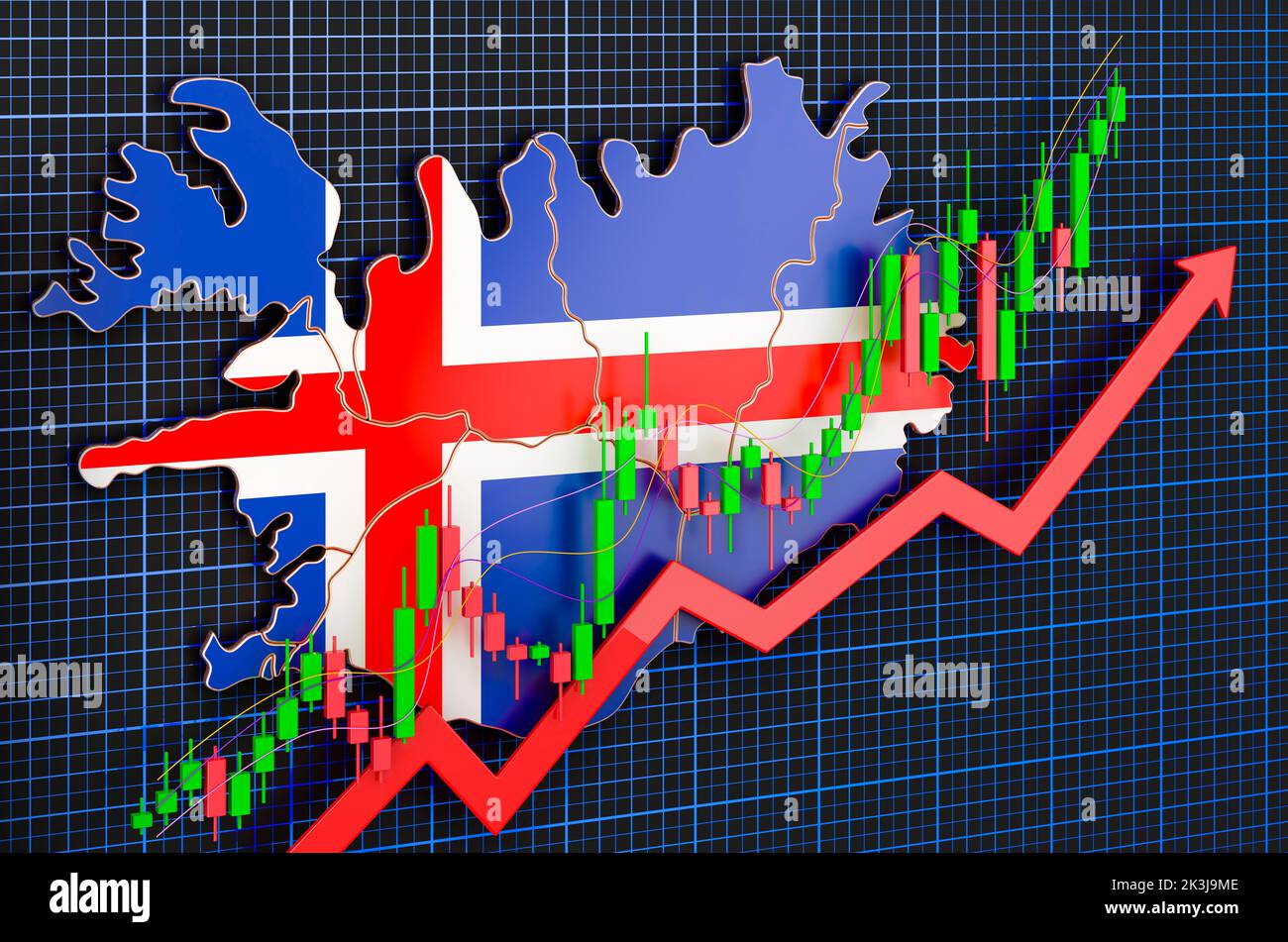 Wirtschaftswachstum in Island, Aufwärtstrendmarkt, Konzept. 3D Rendering auf blauem, dunklem Hintergrund Stockfoto
