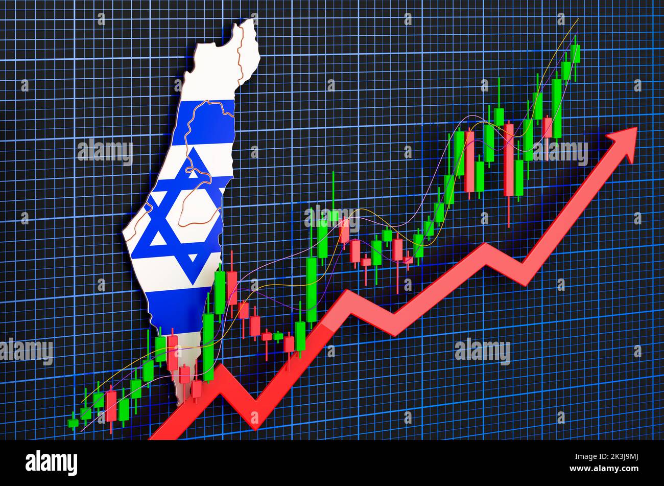 Wirtschaftswachstum in Israel, Aufwärtstrend Markt, Konzept. 3D Rendering auf blauem, dunklem Hintergrund Stockfoto