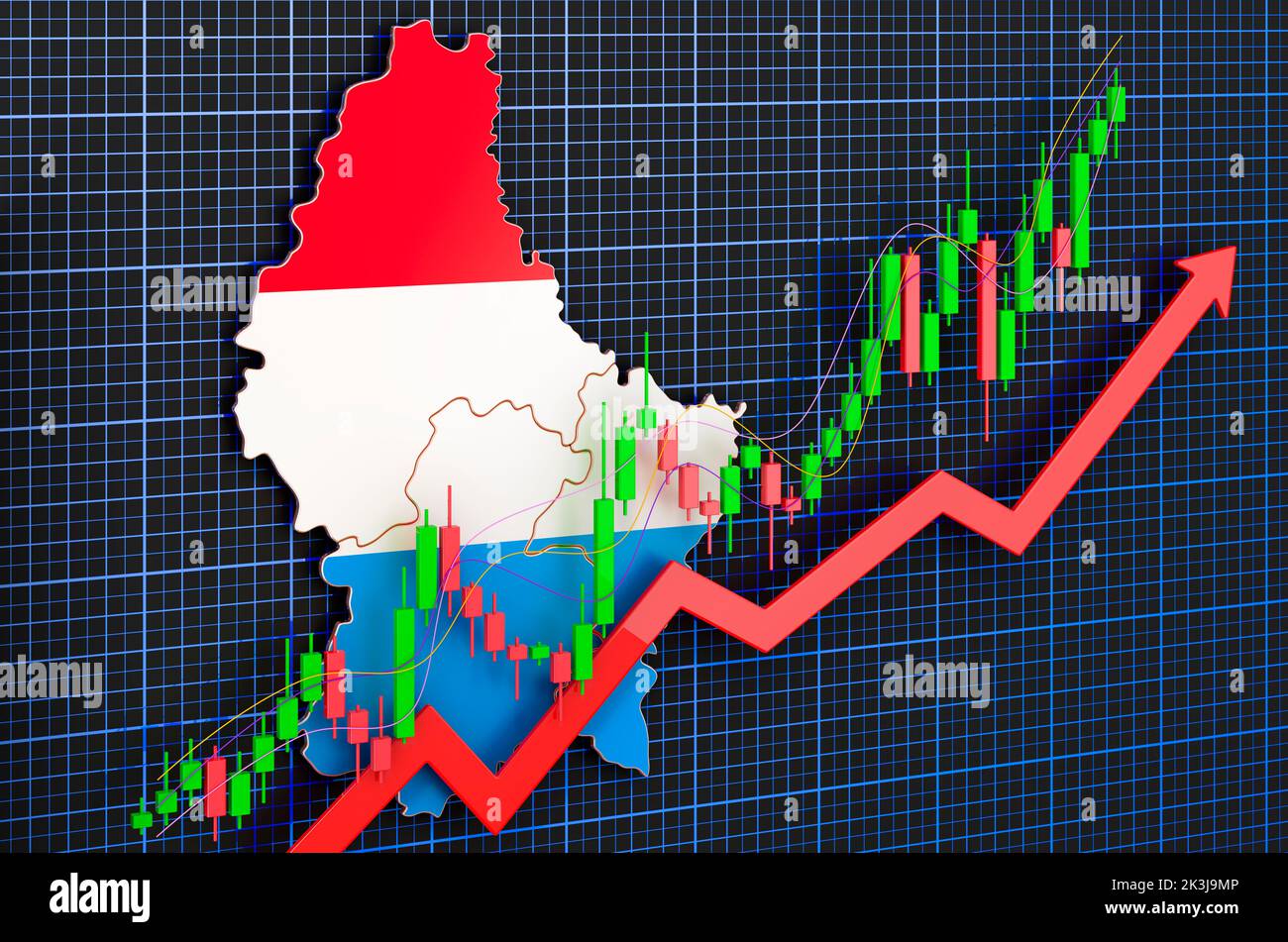 Wirtschaftswachstum in Luxemburg, Aufwärtstrend Markt, Konzept. 3D Rendering auf blauem, dunklem Hintergrund Stockfoto