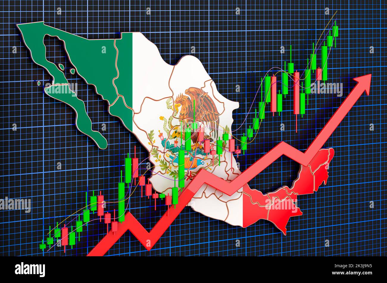 Wirtschaftswachstum in Mexiko, Aufwärtstrendmarkt, Konzept. 3D Rendering auf blauem, dunklem Hintergrund Stockfoto
