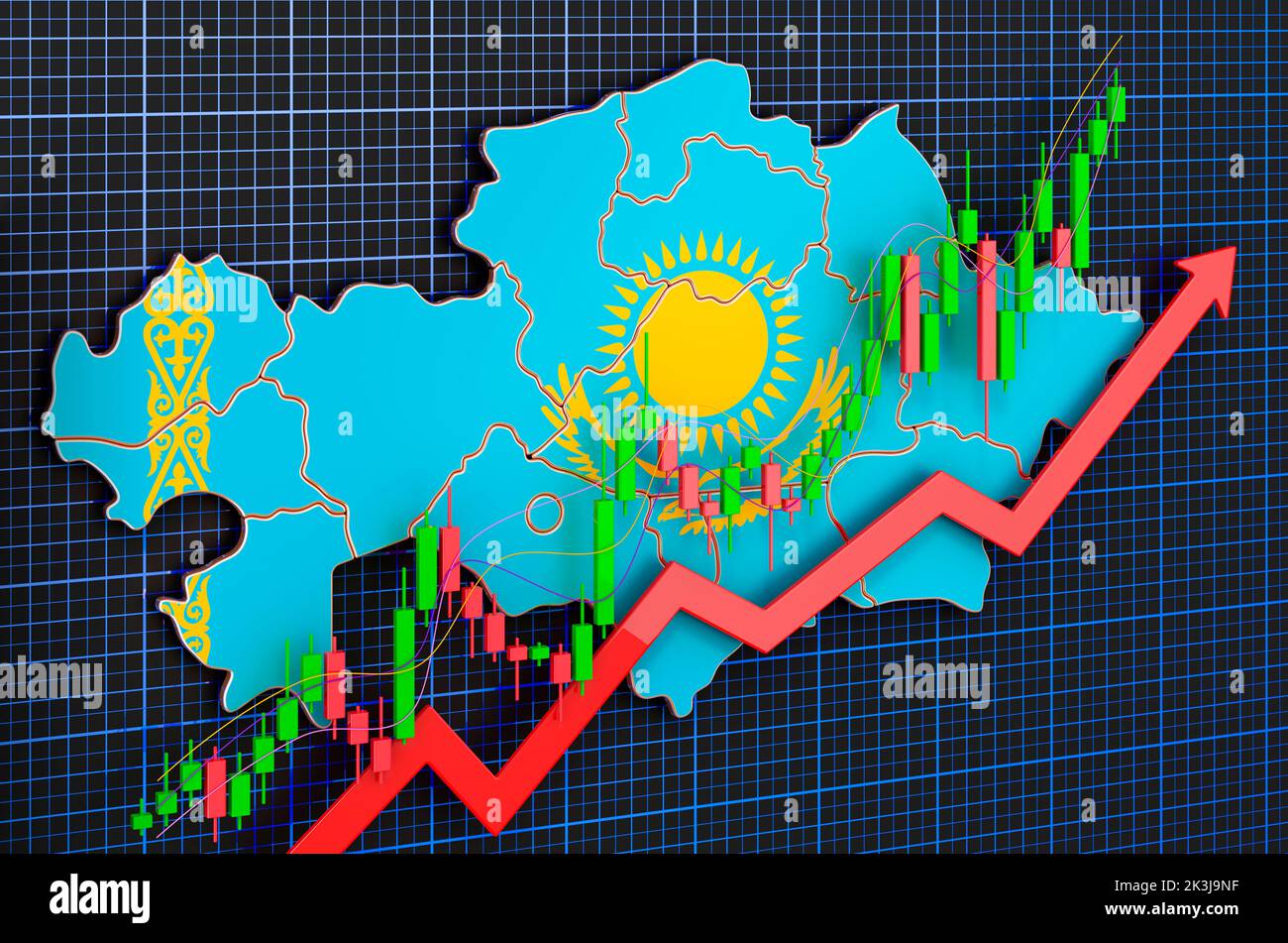 Wirtschaftswachstum in Kasachstan, Aufwärtstrendmarkt, Konzept. 3D Rendering auf blauem, dunklem Hintergrund Stockfoto