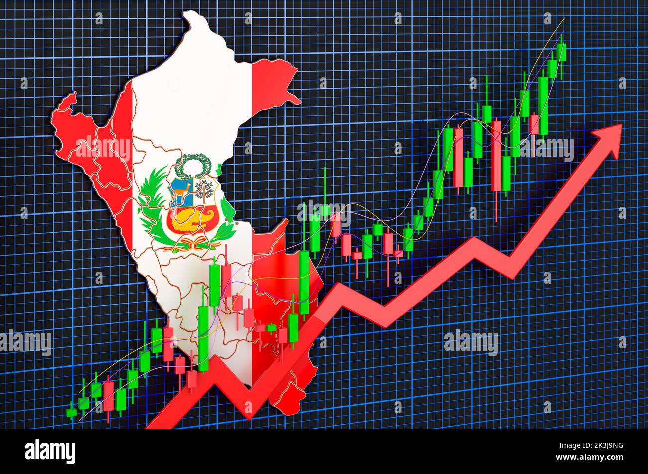 Wirtschaftswachstum in Peru, Aufwärtstrendmarkt, Konzept. 3D Rendering auf blauem, dunklem Hintergrund Stockfoto