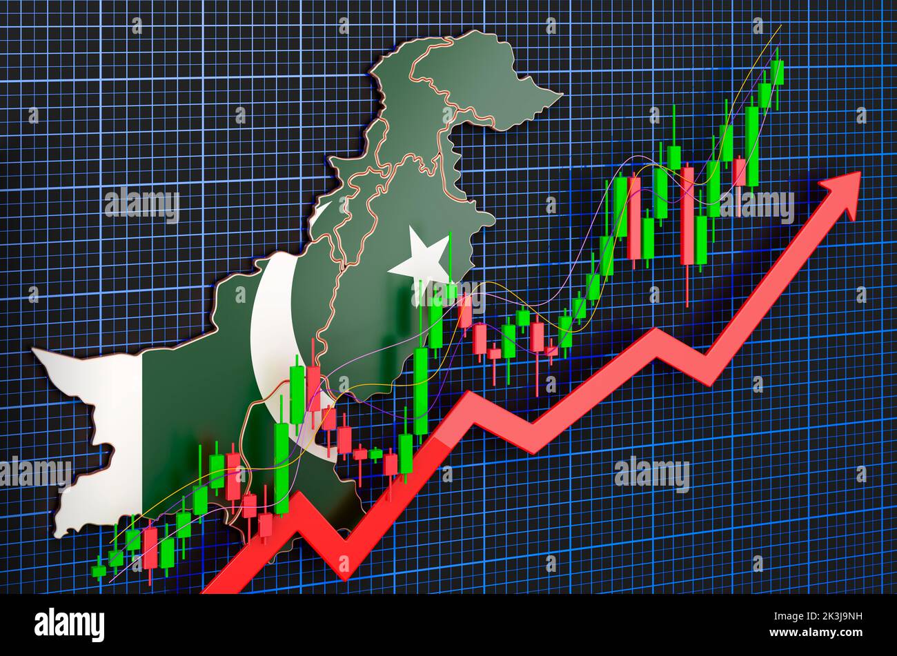 Wirtschaftswachstum in Pakistan, Aufwärtstrendmarkt, Konzept. 3D Rendering auf blauem, dunklem Hintergrund Stockfoto