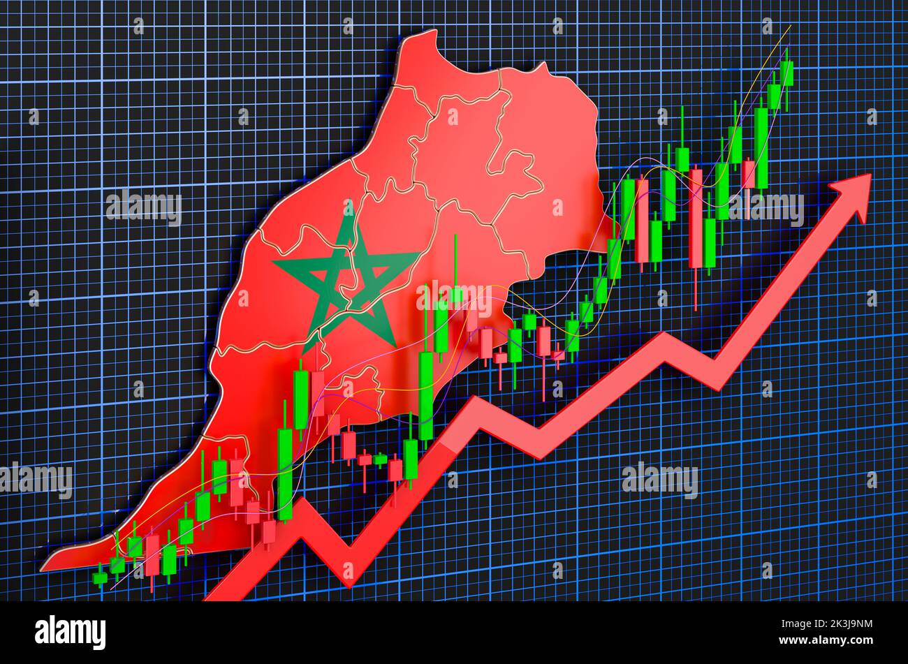 Wirtschaftswachstum in Marokko, Aufwärtstrend Markt, Konzept. 3D Rendering auf blauem, dunklem Hintergrund Stockfoto