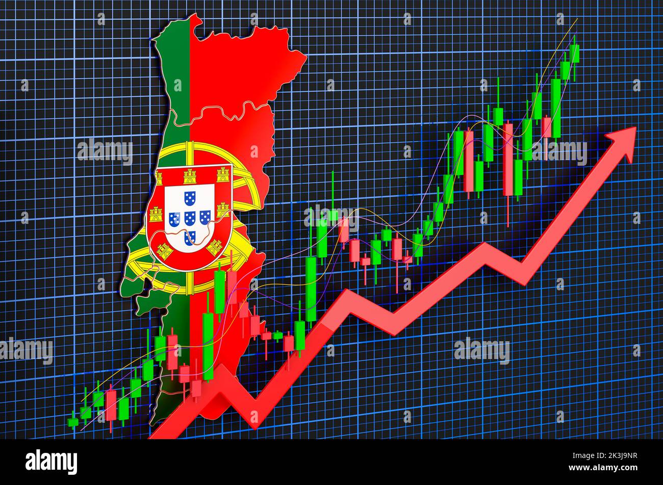Wirtschaftswachstum in Portugal, Aufwärtstrendmarkt, Konzept. 3D Rendering auf blauem, dunklem Hintergrund Stockfoto