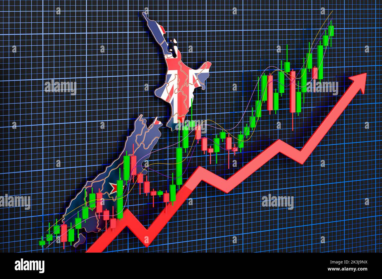 Wirtschaftswachstum in Neuseeland, Aufwärtstrend Markt, Konzept. 3D Rendering auf blauem, dunklem Hintergrund Stockfoto