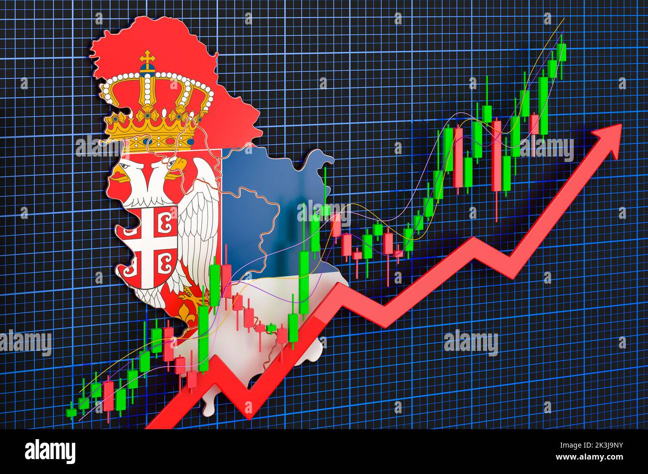 Wirtschaftswachstum in Serbien, Aufwärtstrendmarkt, Konzept. 3D Rendering auf blauem, dunklem Hintergrund Stockfoto