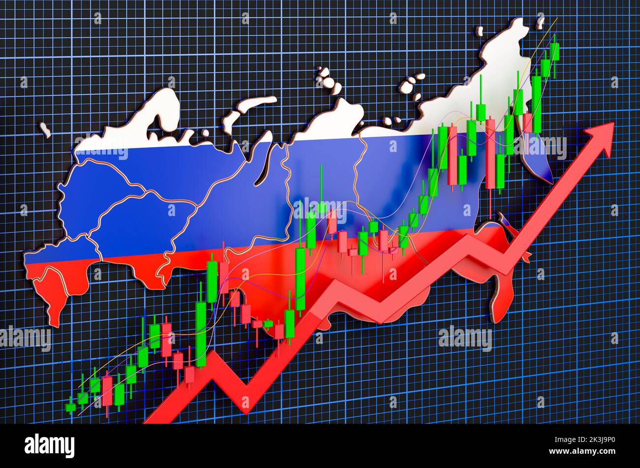 Wirtschaftswachstum in Russland, Aufwärtstrendmarkt, Konzept. 3D Rendering auf blauem, dunklem Hintergrund Stockfoto