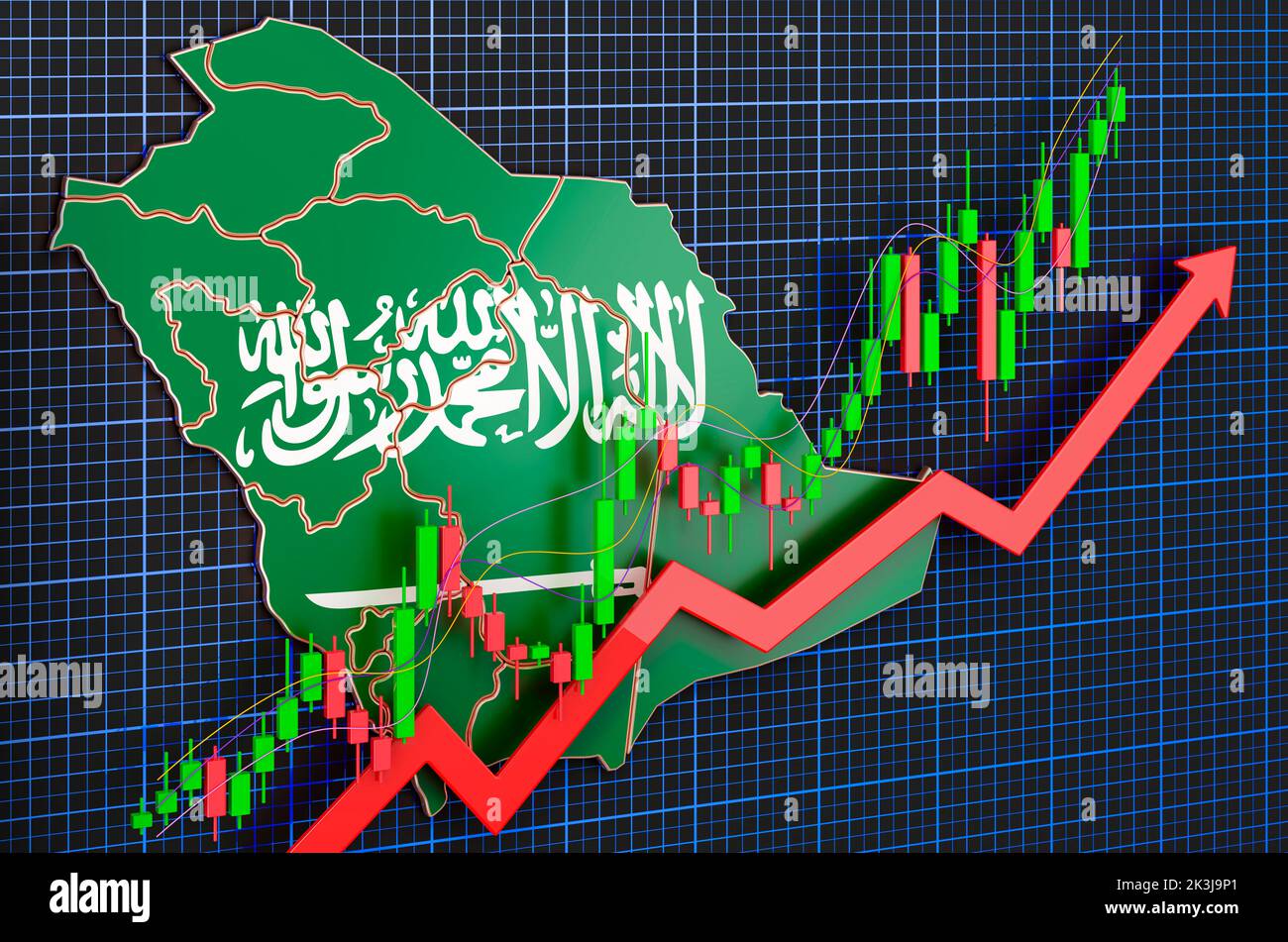 Wirtschaftswachstum in Saudi-Arabien, Aufwärtstrendmarkt, Konzept. 3D Rendering auf blauem, dunklem Hintergrund Stockfoto