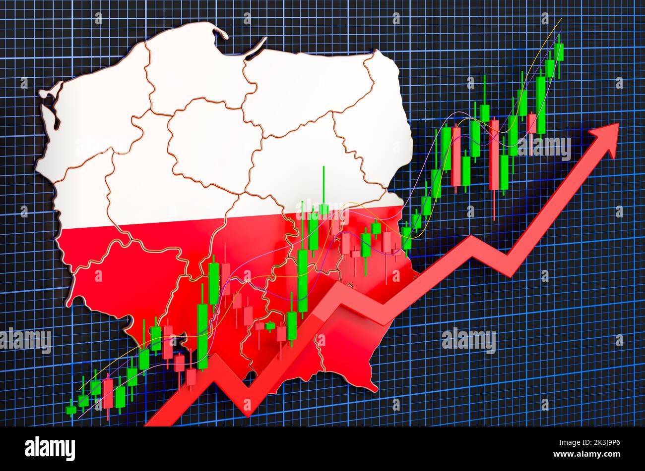 Wirtschaftswachstum in Polen, Aufwärtstrendmarkt, Konzept. 3D Rendering auf blauem, dunklem Hintergrund Stockfoto