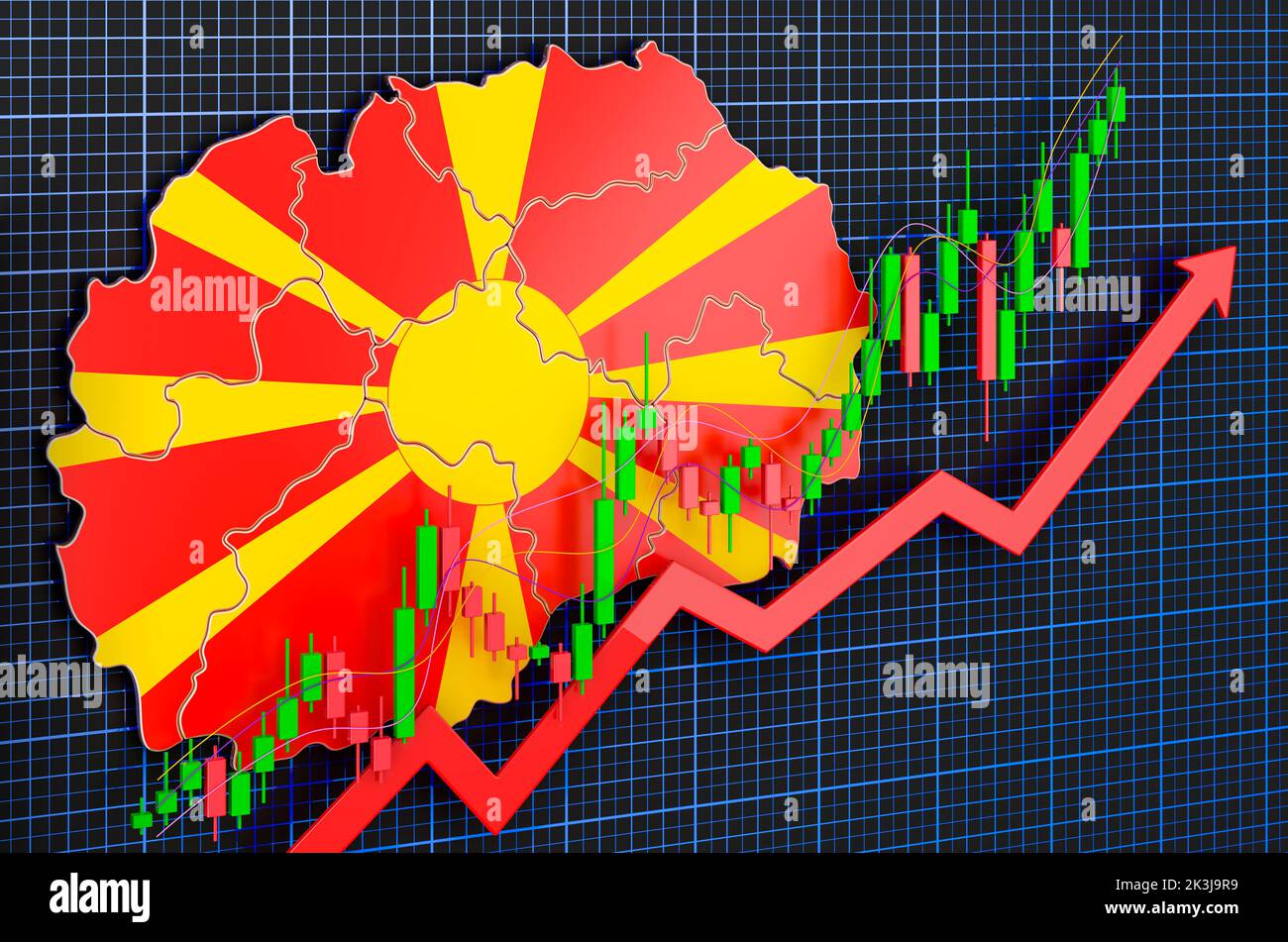 Wirtschaftswachstum in Nord-Mazedonien, Aufwärtstrend-Markt, Konzept. 3D Rendering auf blauem, dunklem Hintergrund Stockfoto