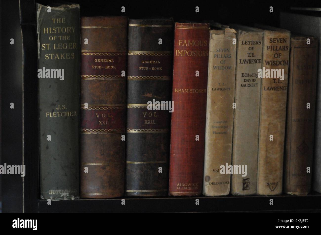 Ledergebundene Bücher. Alte Bücher. Alte Bücher im Regal. Antike Bücher. Stockfoto