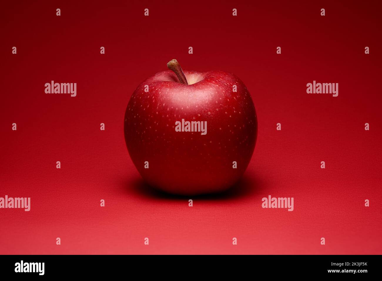 Bio roter Apfel auf hellrotem Hintergrund Stockfoto