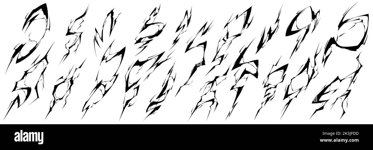 Schwarze Blitze, Gewitter. Erdboden, Fels- oder Bodenrisse, Vektorgrafik. Elektrische Schläge, Blitze isoliert auf weißem Hintergrund Stock Vektor