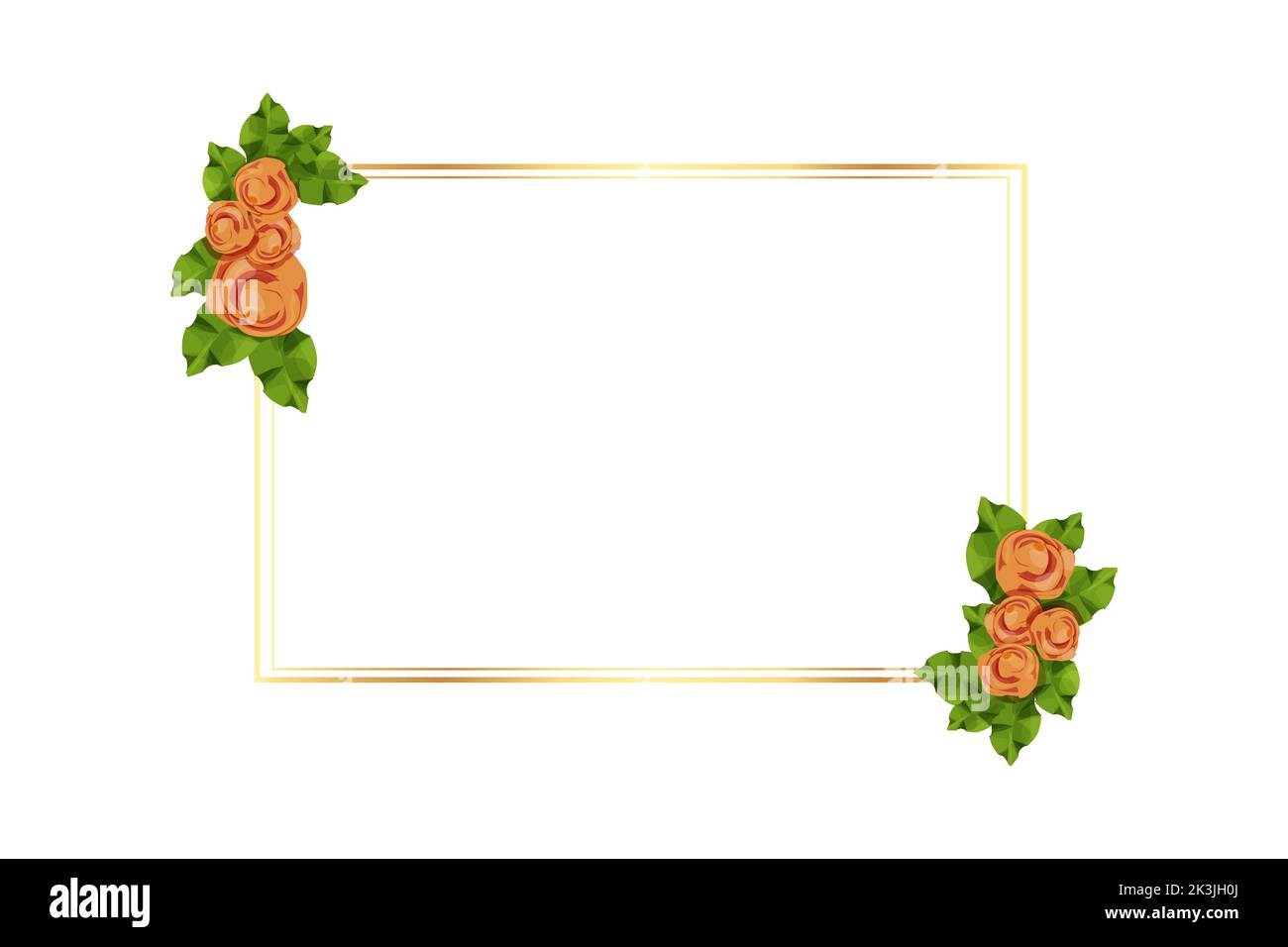Goldener Rahmen mit Rosen Blumen und Blätter in Cartoon-Stil isoliert auf weißem Hintergrund dekoriert. Vorlage für Begrüßung, Einladung. Vektorgrafik Stock Vektor