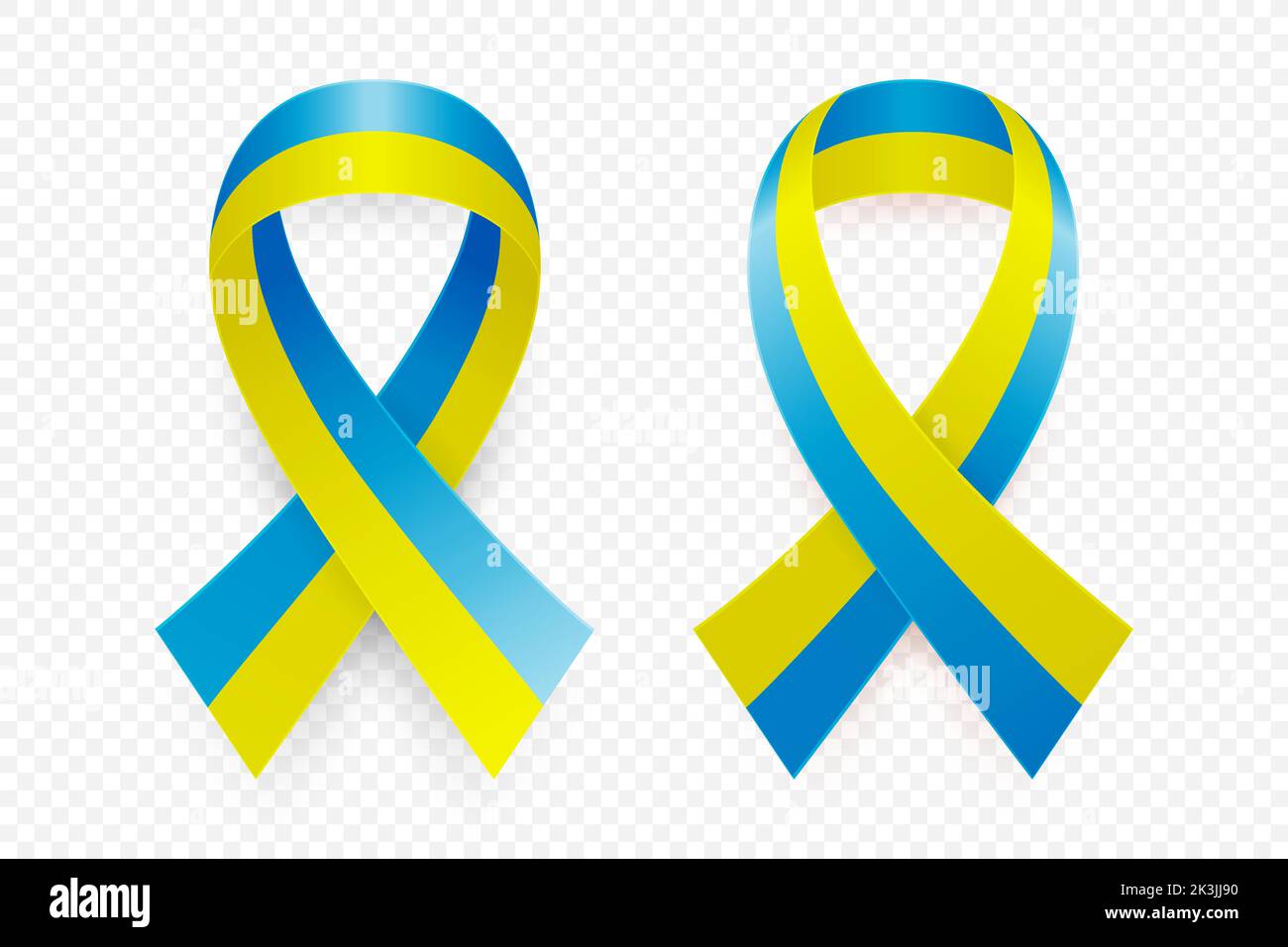 Vector 3D realistisches Gelb- und Blaues Band Set. Unterstützung für Ukraine Symbol Closeup. Designvorlage für Anti-Krieg-Aufruf, Frieden, Kampf, Protest Stock Vektor
