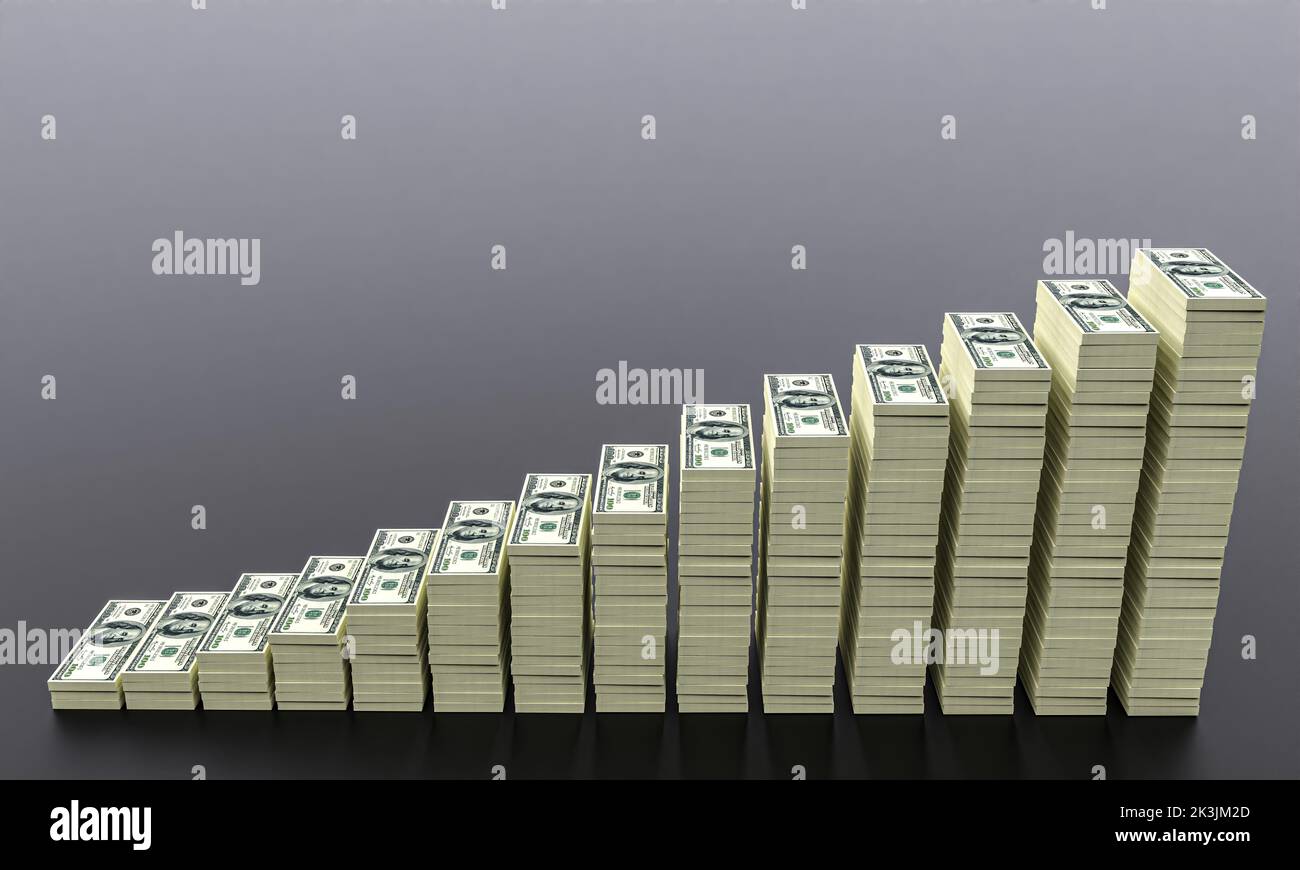 Großes Geld stapelt sich aus Dollar mit leerem Backround. Konzept der US-Dollar-Finanzierung. 3D Rendern Stockfoto