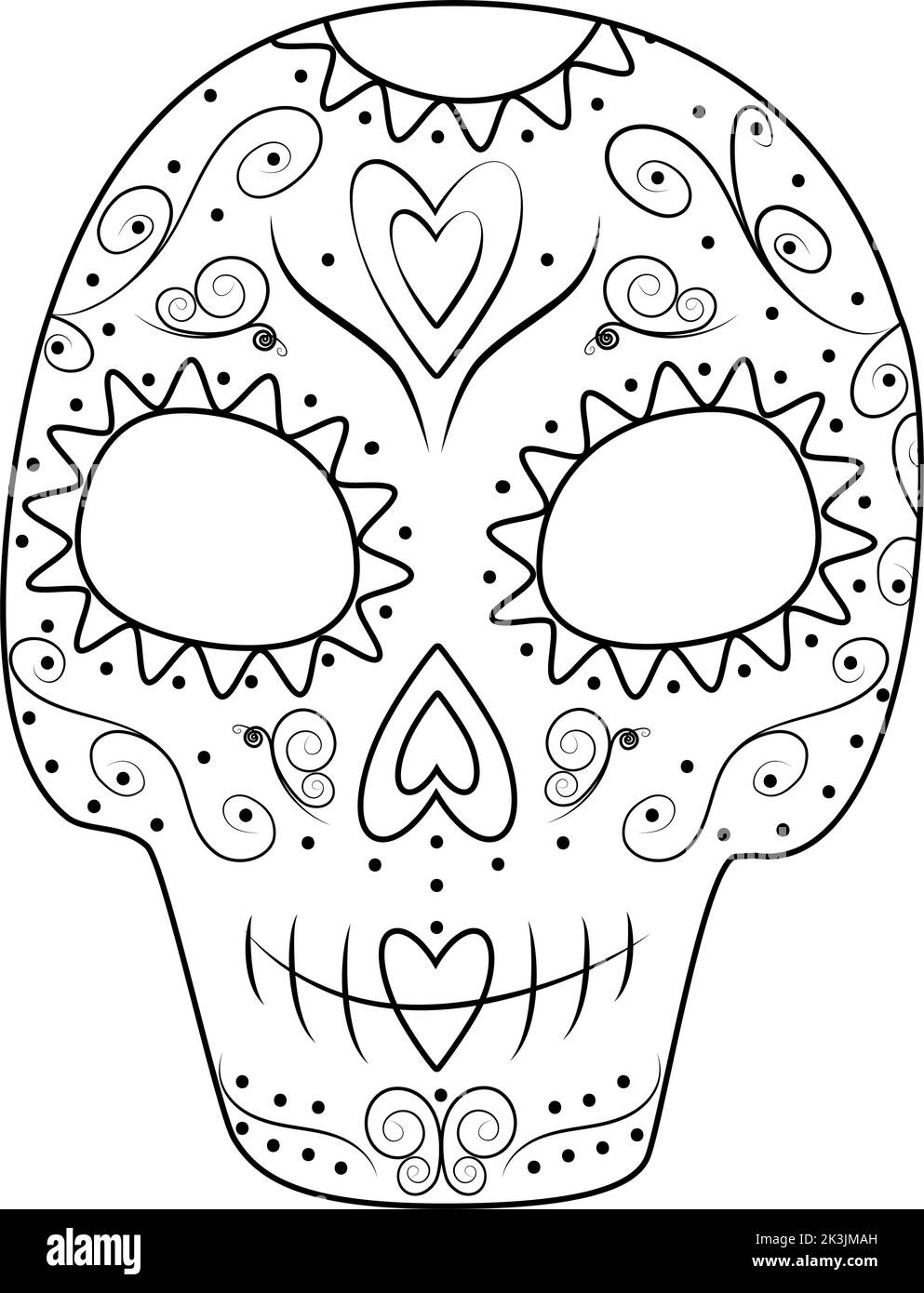 Tag der Toten. Dia de los muertos. Mexiko. Sugar Skull mit umrissem Blumenmuster auf transparentem Hintergrund. Strichkunst-Aufkleber. Symbol. Isolieren. Gut für Poster, Karten, Einladungen Stock Vektor