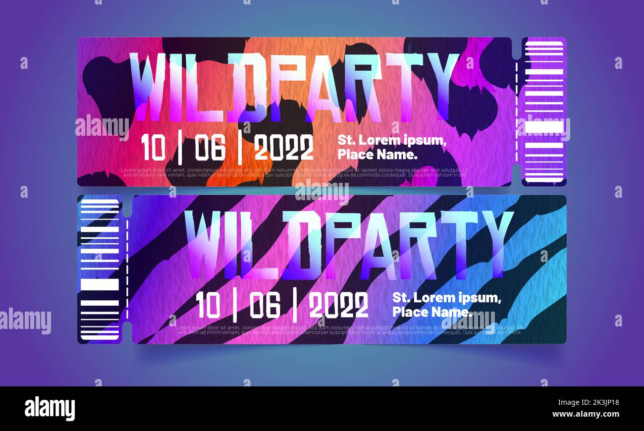 Vorlagen für Nachtklub-Party-Tickets sind gesetzt. Vektor-Illustration von Musik Konzert Einladung Layout mit bunten Zebra und Leopard Haut Textur Hintergrund, Barcode und Beispieltext. Exotisches Wildtier-Design Stock Vektor