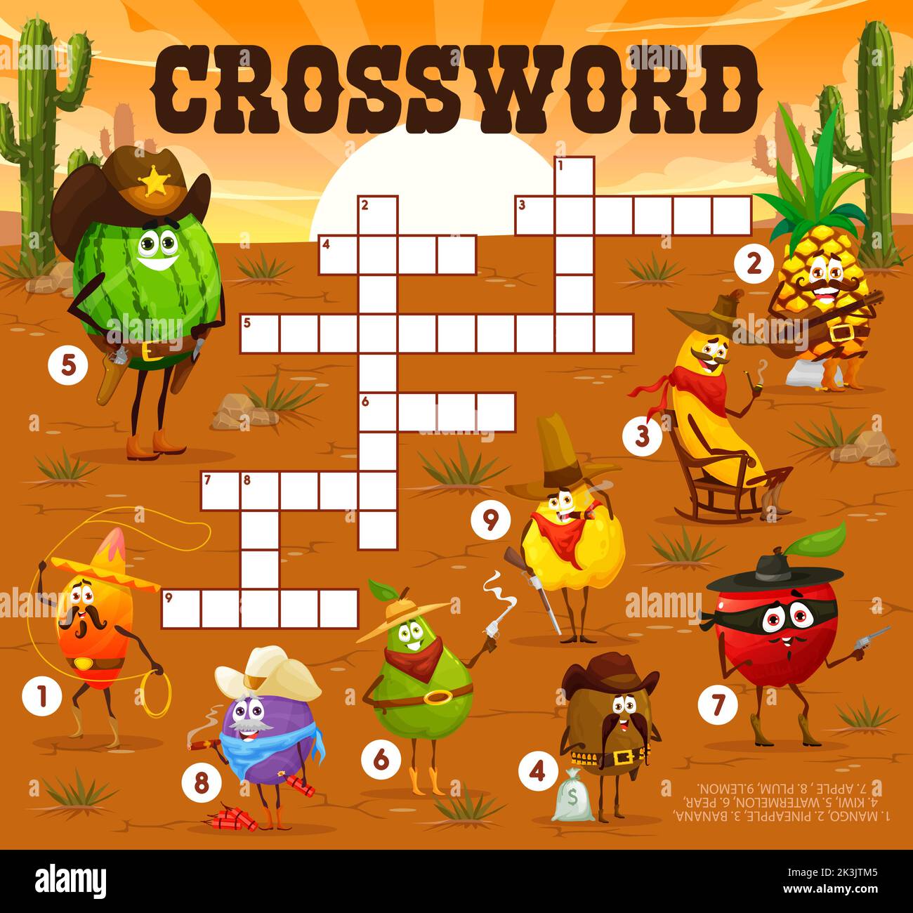 KreuzworträtselQuizSpiel von Cartoon Obst Cowboy, Ranger, Sheriff und