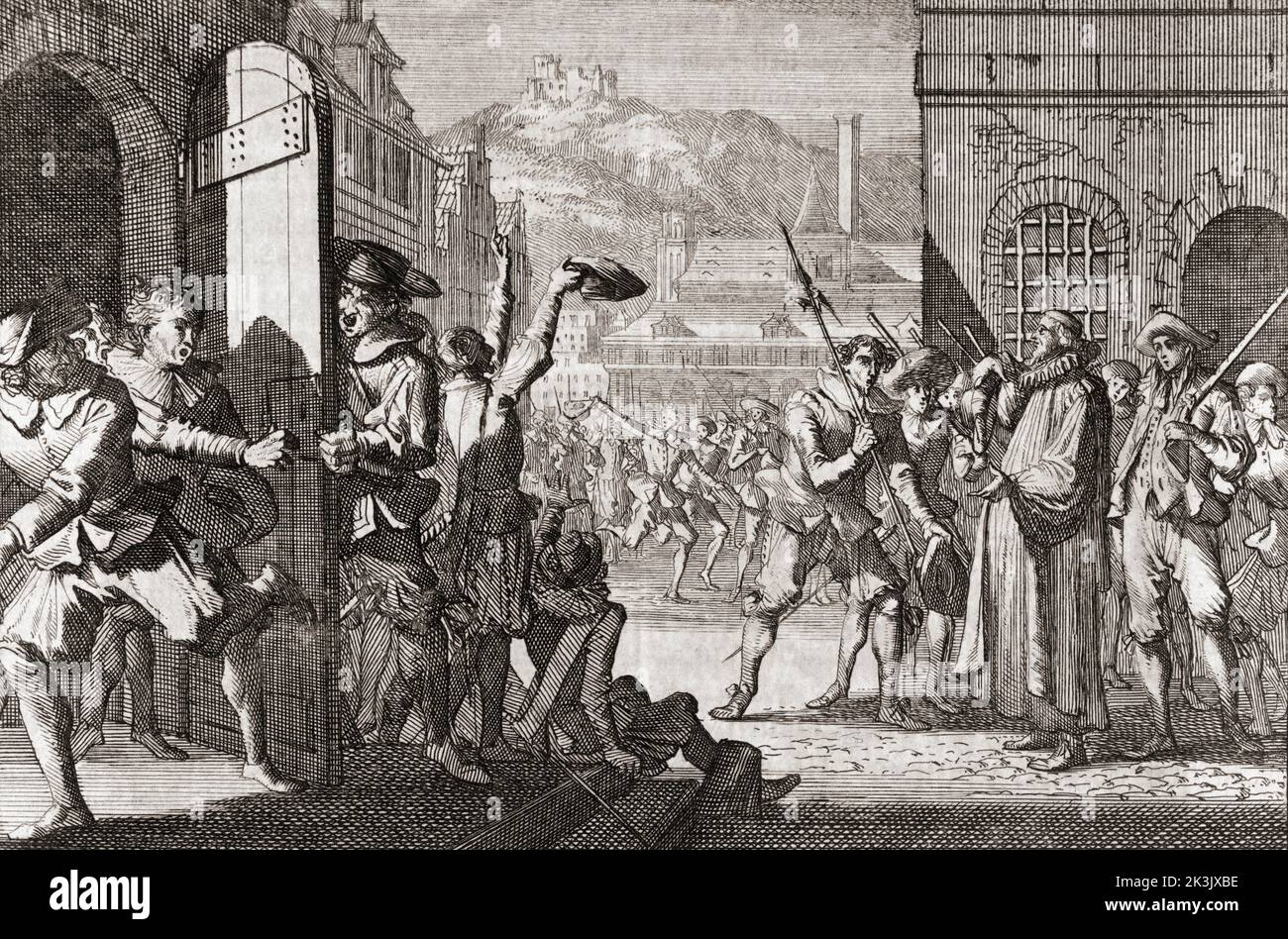 Revolte in London gegen Charles I, 1600 - 1649, und Bischof William Laud, 1573 - 1645. Rechts sieht sich Laud mit bewaffneten Bürgern konfrontiert. Laud wurde von König Charles I. zum Erzbischof von Canterbury ernannt. Beide waren Anhänger der anglikanischen High Church. Beide Männer, König und Bischof, wurden des Verrats angeklagt und hingerichtet. Nach einer Arbeit im Stil von Caspar Luyken. Stockfoto