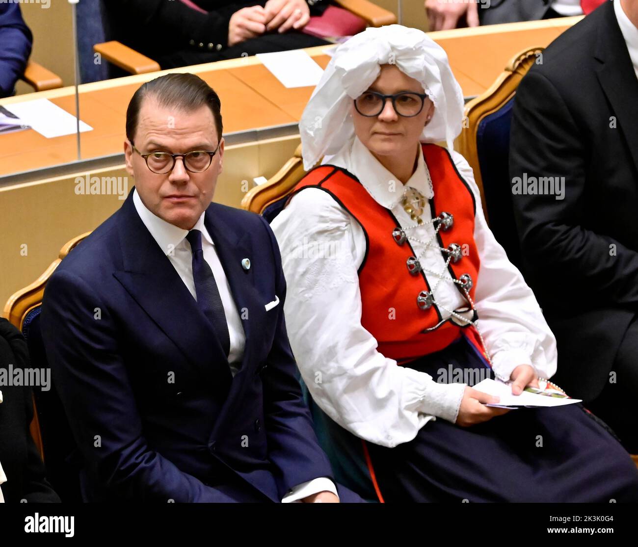 Prinz Daniel und die zweite stellvertretende Sprecherin Julia Kronlid (Schwedische Demokraten) bei der Eröffnung der Riksdag-Sitzung in Stockholm, Schweden, am 27. Stockfoto