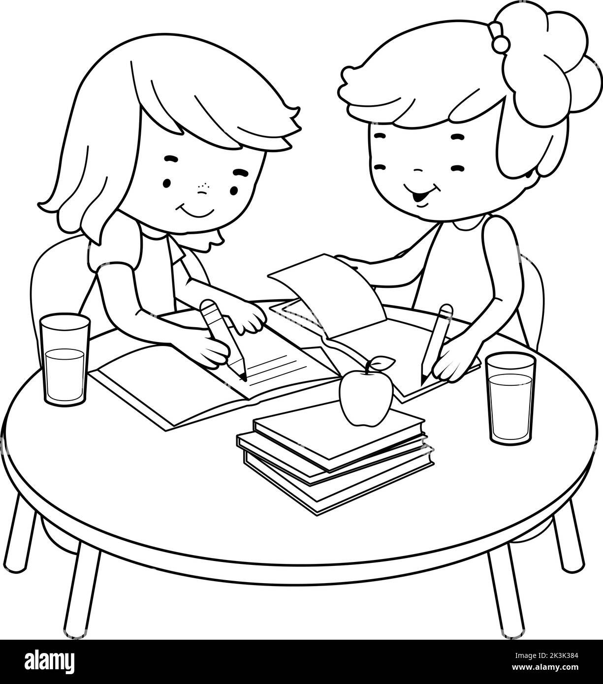 Studenten an einem Schreibtisch, die ihre Hausaufgaben machen. Vektor schwarz-weiß Malseite. Stock Vektor