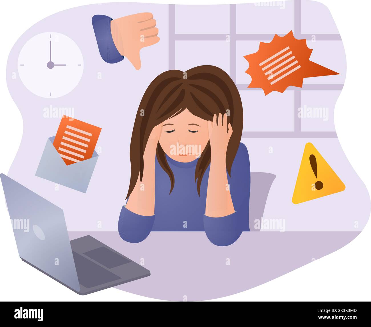 Psychische Gesundheit Problem, Burnout und Stress Konzept. Müde Frau am Schreibtisch mit Computer. Erschöpft, frustriert, anstrengend Arbeiter, Burnout. Mitarbeiter arbeitet fristgerecht Überstunden. Vektorgrafik. Stock Vektor
