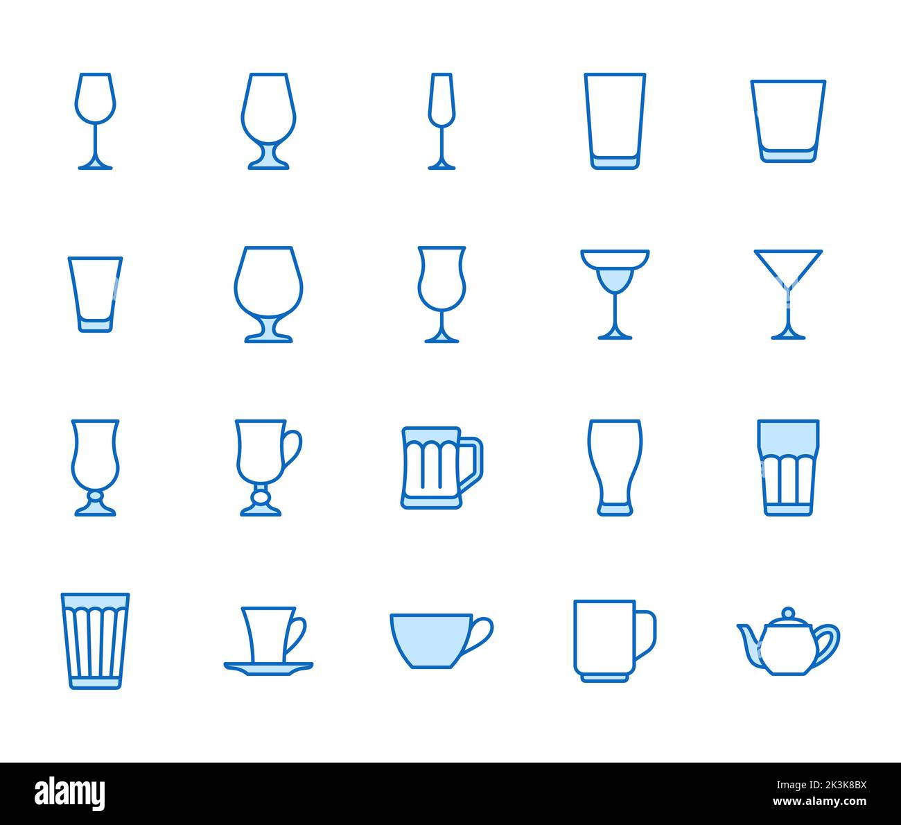 Glasdarstellung mit Symbolen - Bierkrug, Whiskey Shot, Weinglas, Teekannen mit minimalem Vektor. Einfache dünne Linie Kunst über Cocktail Stock Vektor