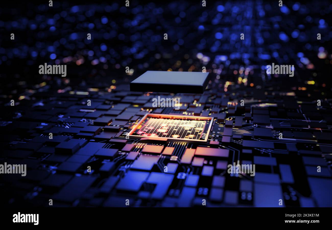 3D Rendering Mikroprozessor CPU-Chipsatz zentrale Prozessoreinheit auf der Hauptplatine des Beleuchtungskreises. Cyber- und Zukunftskonzept, Hardware, Stockfoto