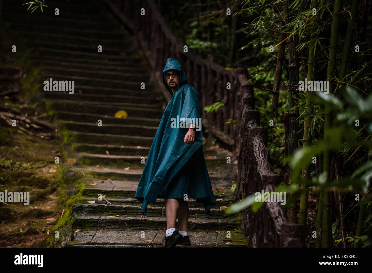 Mann in einem Regenmantel, der von einer natürlichen Treppe in die Natur starrt Stockfoto