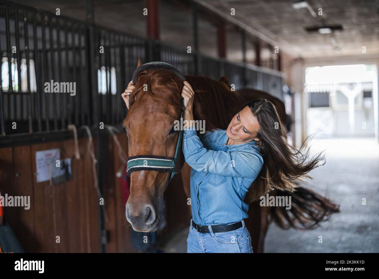 Frau, die sich im Stall um ihr Pferd kümmert Stockfoto