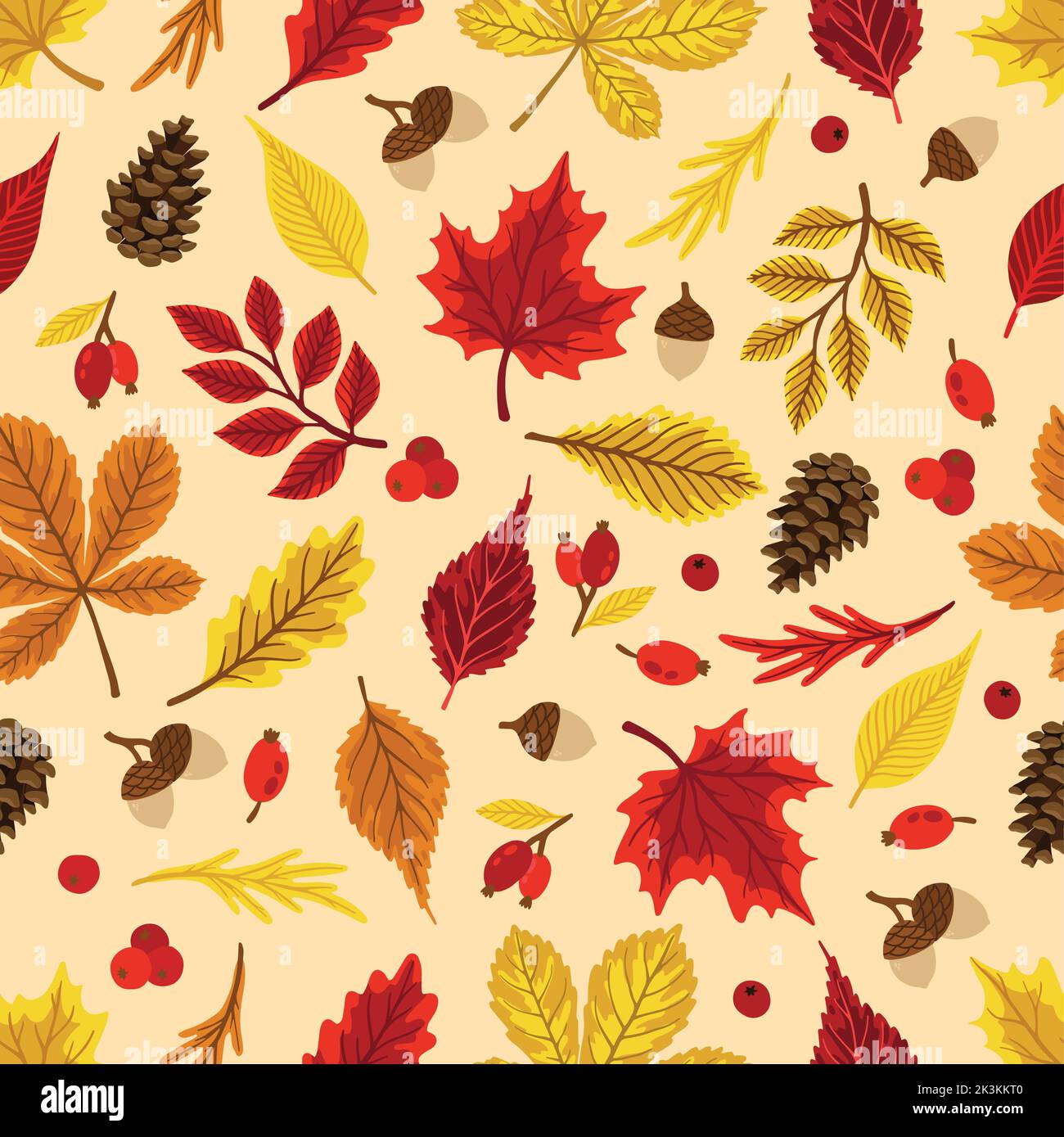 Herbstblätter Muster. Fallendes Blatt nahtloser Hintergrund mit Eiche, Ahorn, Kastanie, Linde, Espe, Walnuss- und Eberesche-Laub. Stock Vektor