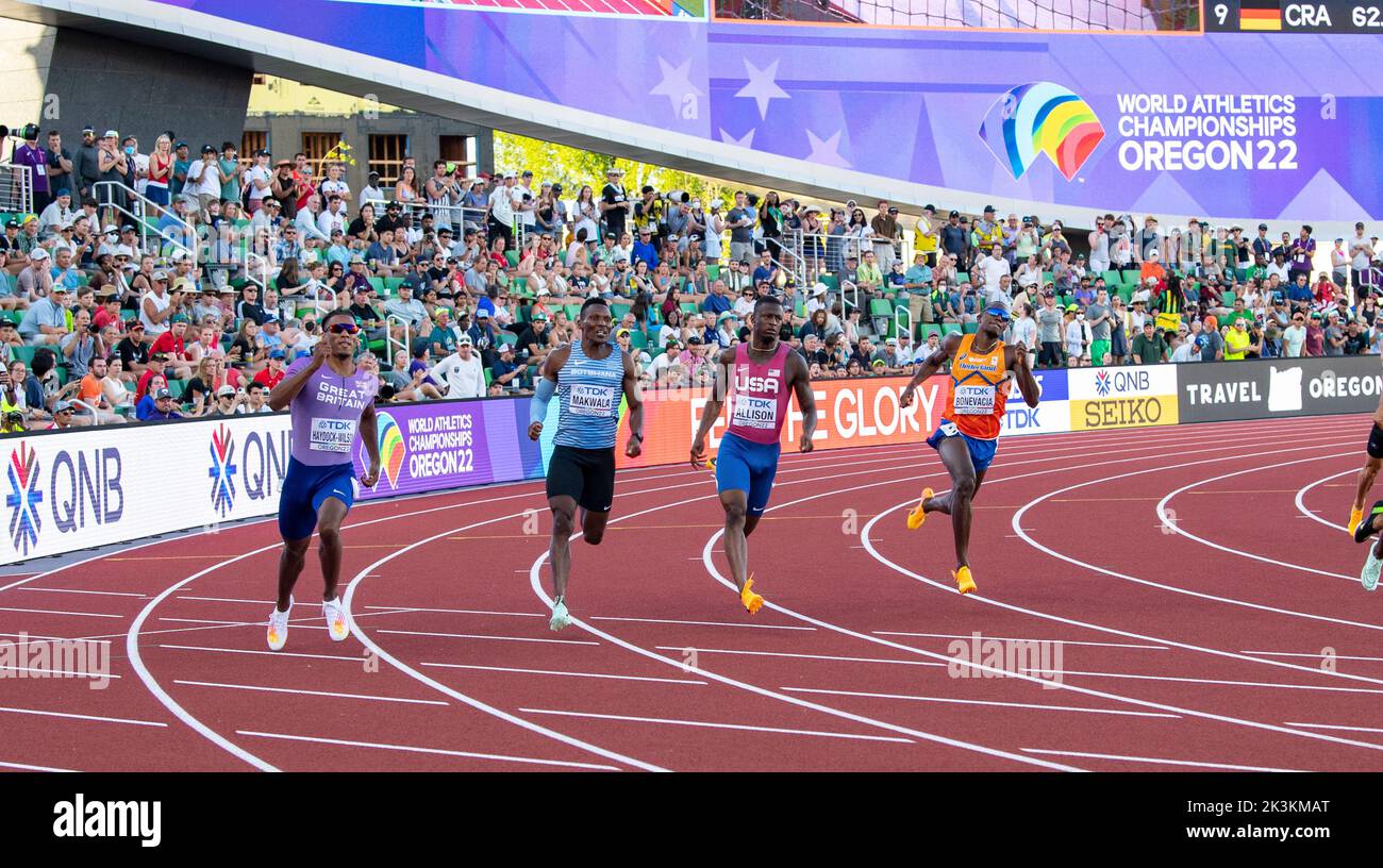 Alex Haydock-Wilson, Isaac Makwala, Champion Allison und Liemarvin Bonevacia treten in den 400m Läufen bei den Leichtathletik-Weltmeisterschaften in Hayward an Stockfoto