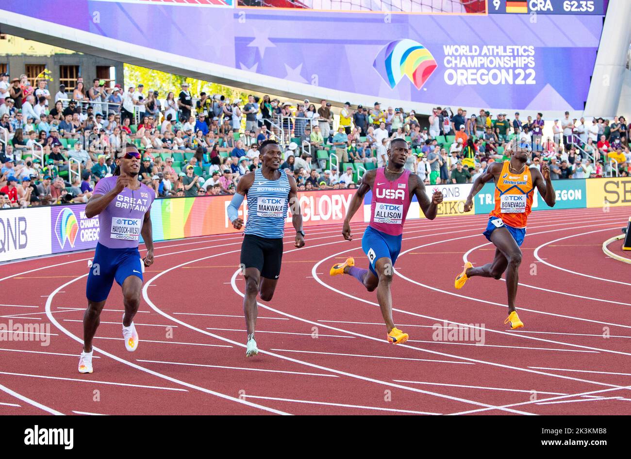 Alex Haydock-Wilson, Isaac Makwala, Champion Allison und Liemarvin Bonevacia treten in den 400m Läufen bei den Leichtathletik-Weltmeisterschaften in Hayward an Stockfoto