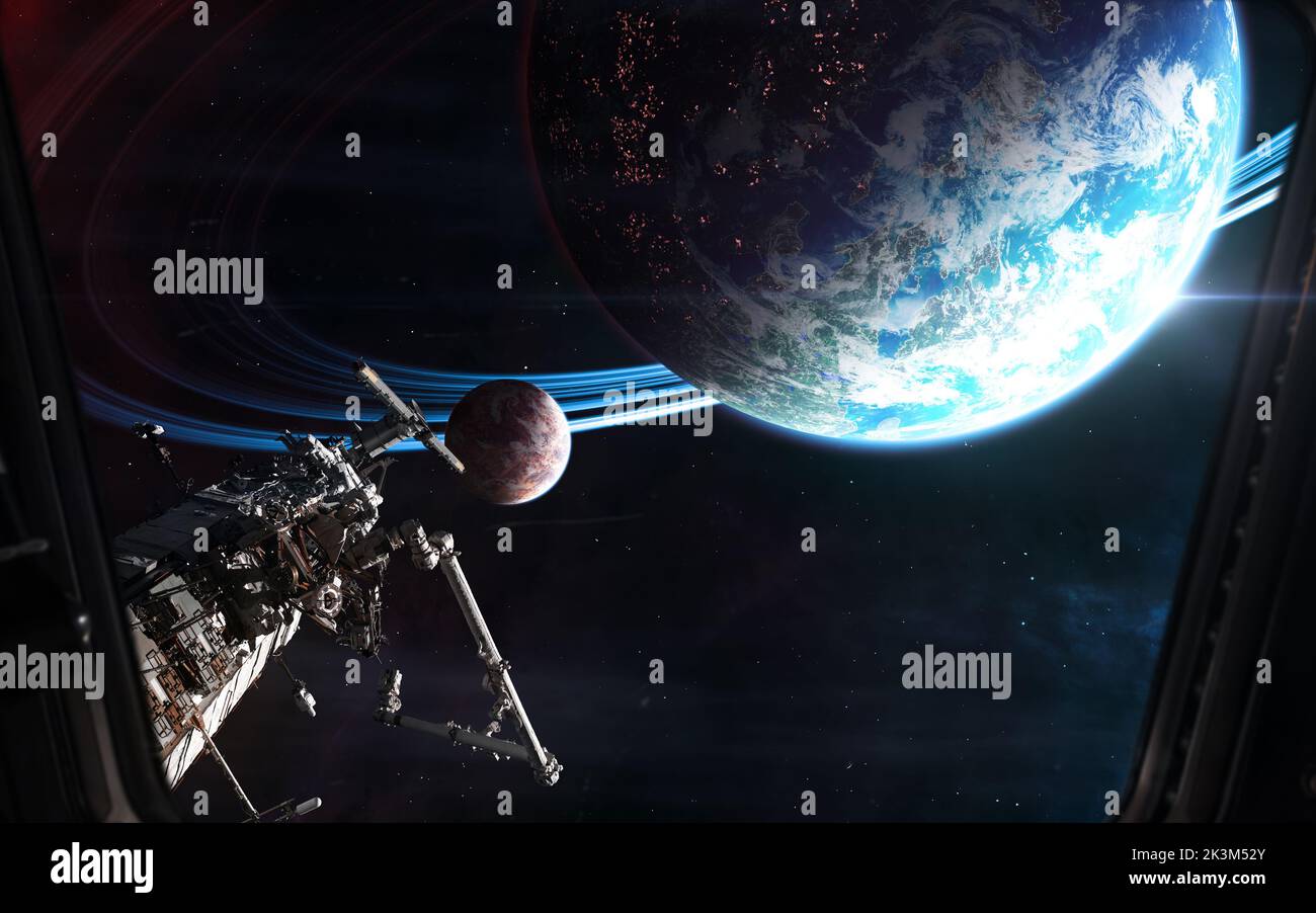 Tiefe Weltraumplaneten, Raumstation. Blick vom Bullauge Stockfoto
