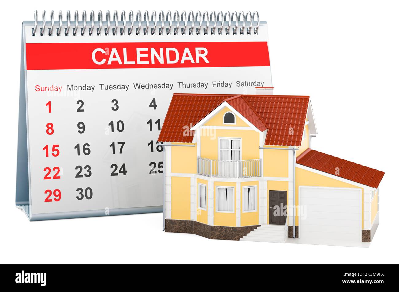 Heim mit Tischkalender, 3D Rendering isoliert auf weißem Hintergrund Stockfoto
