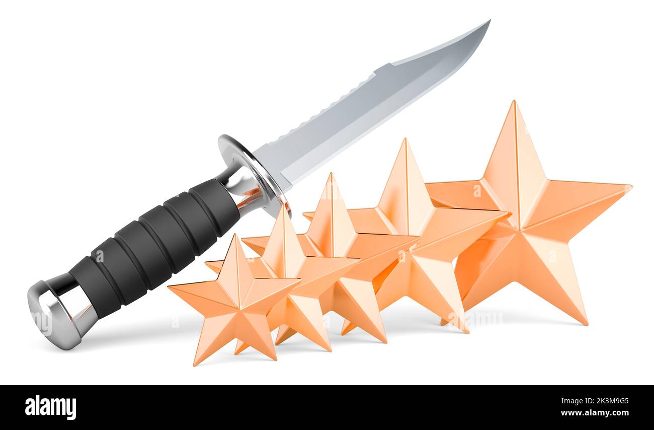 Kampfmesser mit fünf goldenen Sternen, 3D Rendering isoliert auf weißem Hintergrund Stockfoto