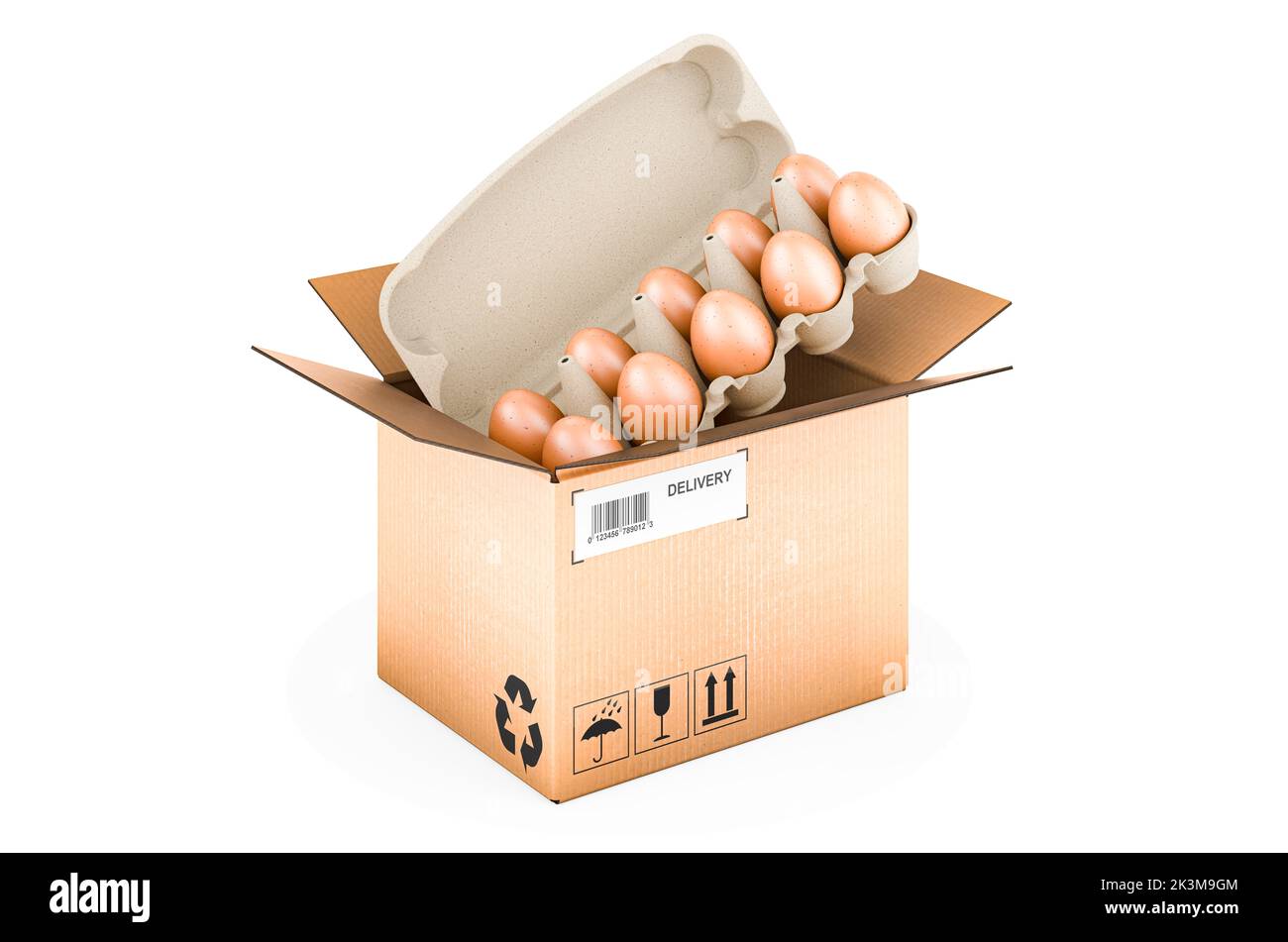 Eier im Paket-, Bestell- und Lieferkonzept. 3D Darstellung isoliert auf weißem Hintergrund Stockfoto