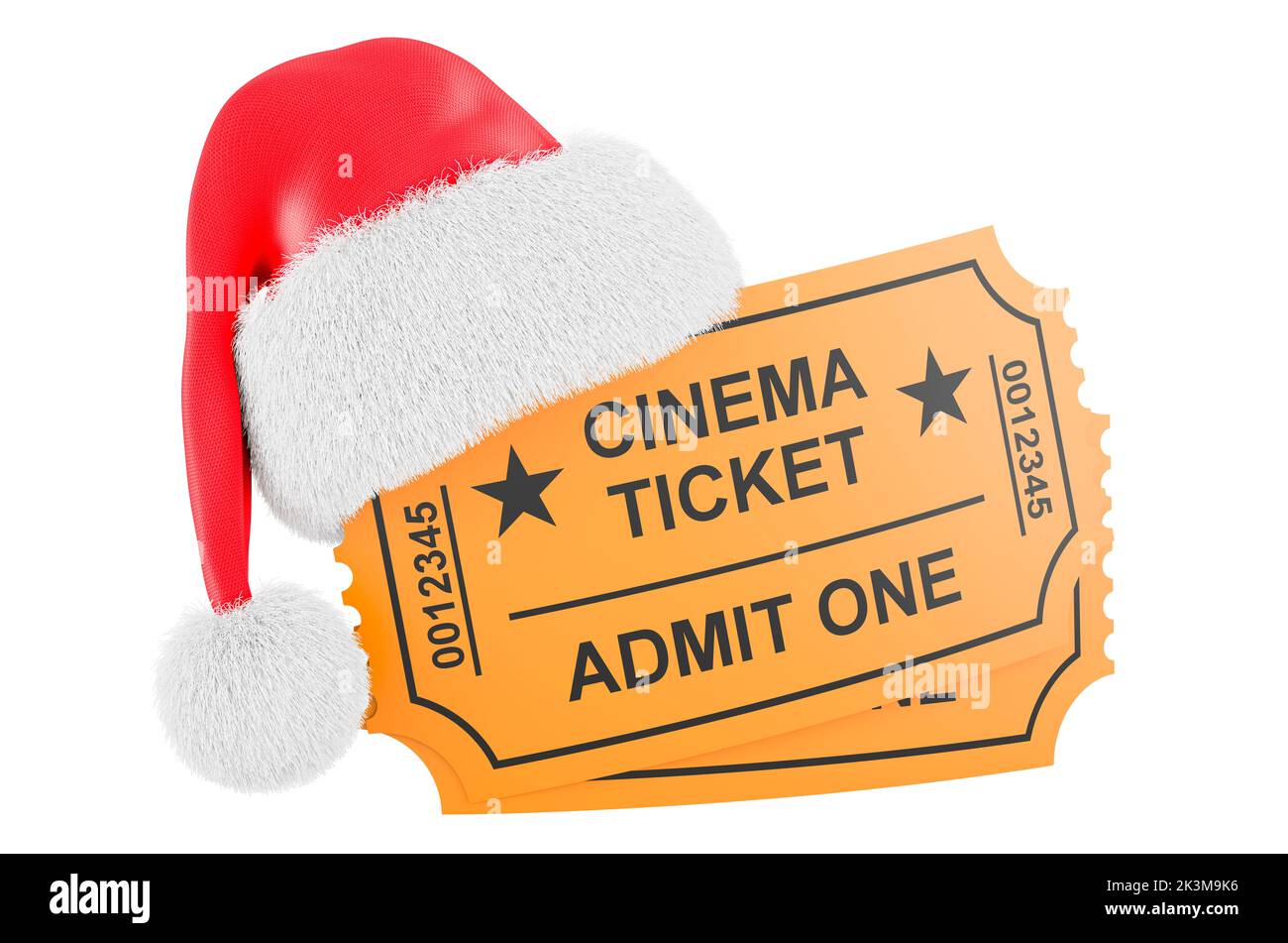 Konzept für Weihnachtsfilme. Kinokarten mit Weihnachtsmann-Hut, 3D Rendering isoliert auf weißem Hintergrund Stockfoto