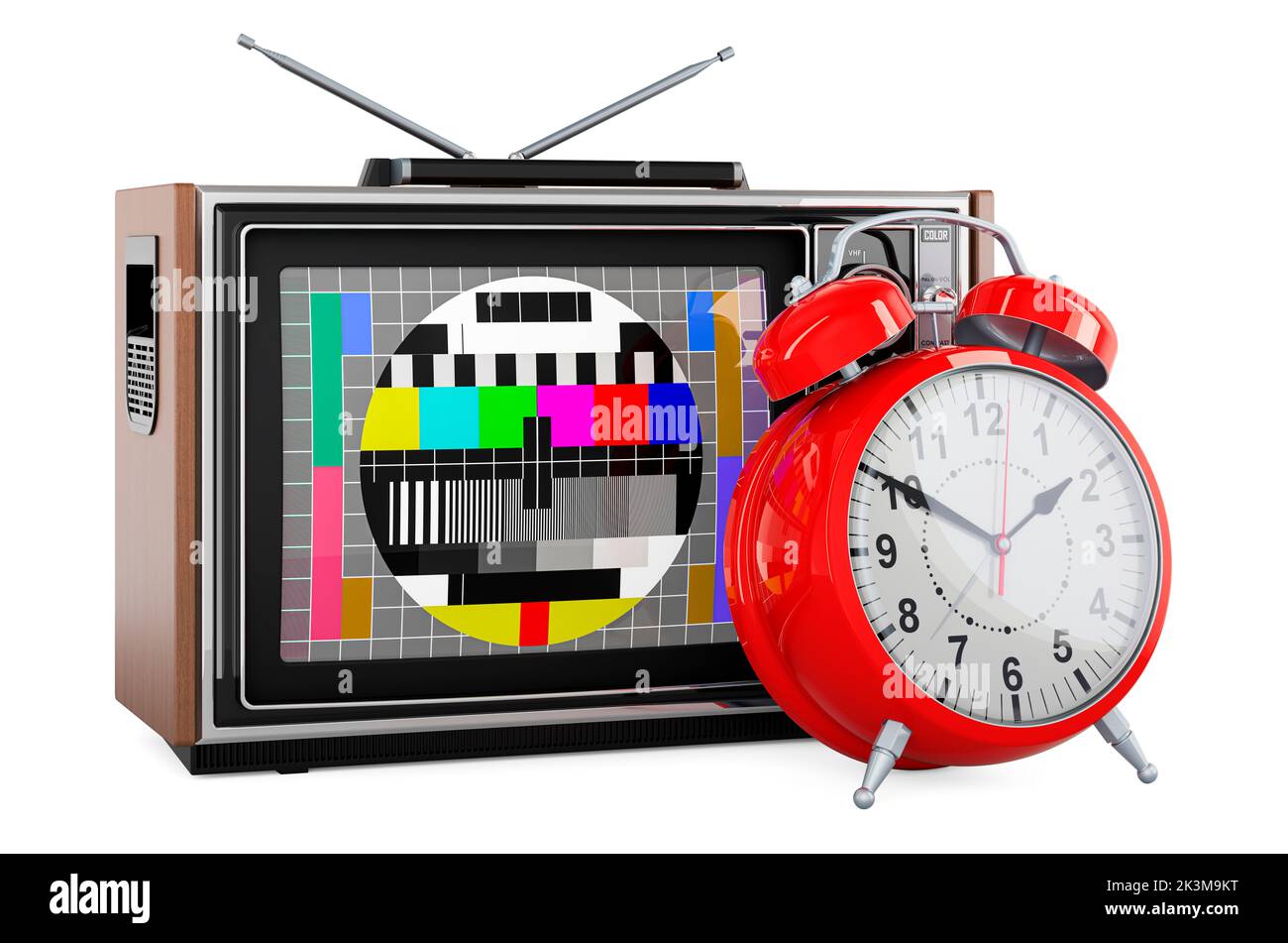 Fernseher im Retro-Stil mit Wecker. Broadcast Time Concept, 3D Rendering isoliert auf weißem Hintergrund Stockfoto