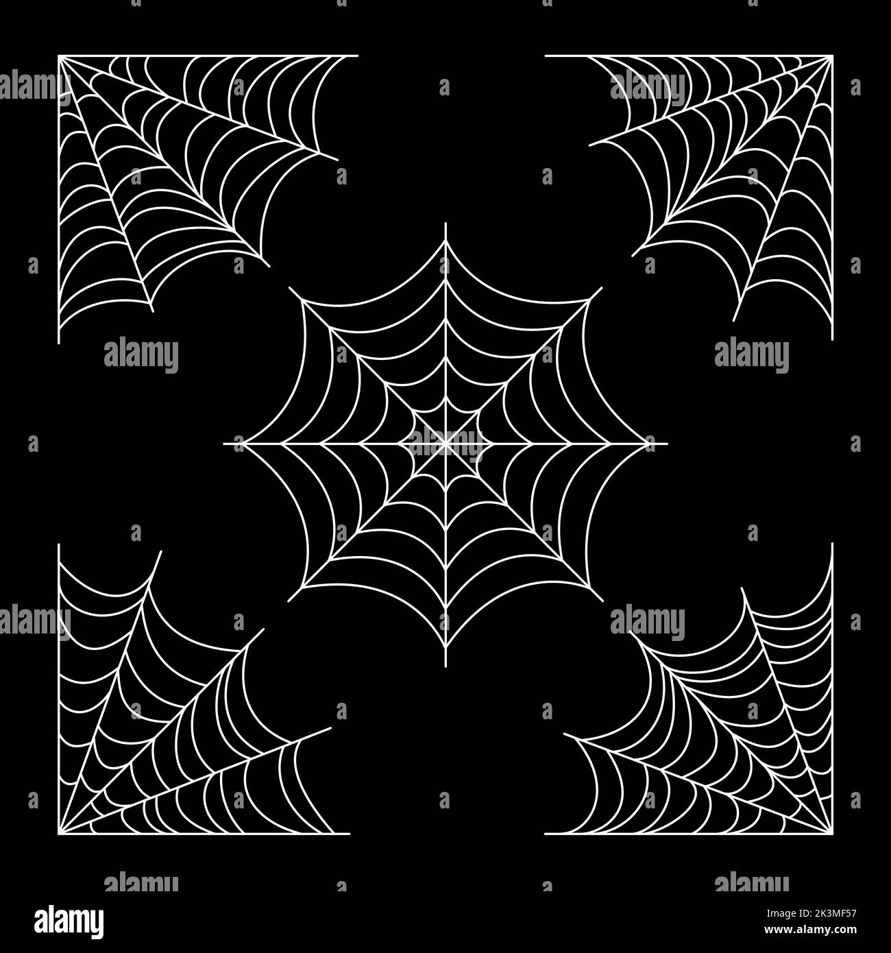 Spinnennetz-Set. Halloween handgezeichnete Spinnweben Kollektion. Vektordarstellung auf schwarzem Hintergrund isoliert. Stock Vektor
