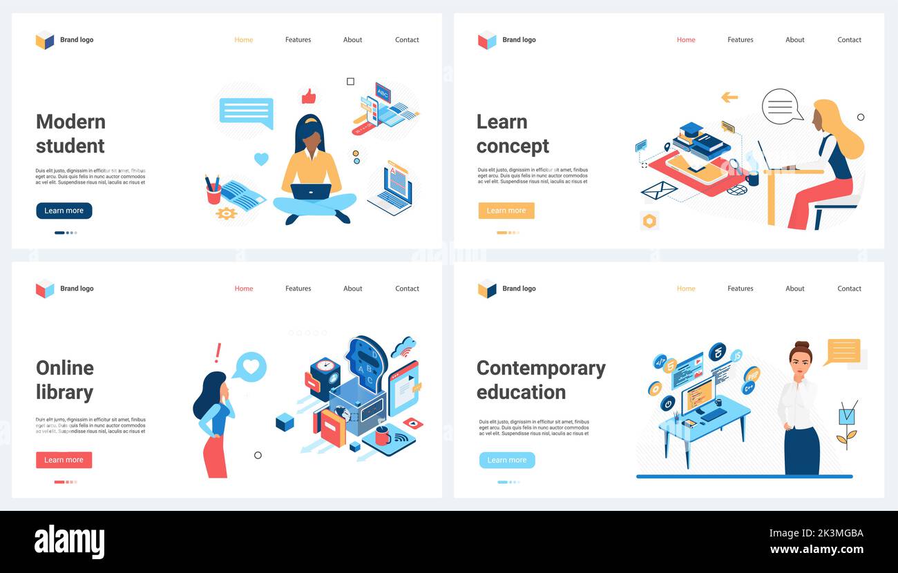 Moderne Bildung, Online-Schule und Kurs Set Vektor Illustration. Zeichentrickfilm Studenten Figuren mit Internet-Ressourcen, Ausbildung mit Tutoren Konzept für Banner, Website-Design oder Landing Web-Seite Stock Vektor
