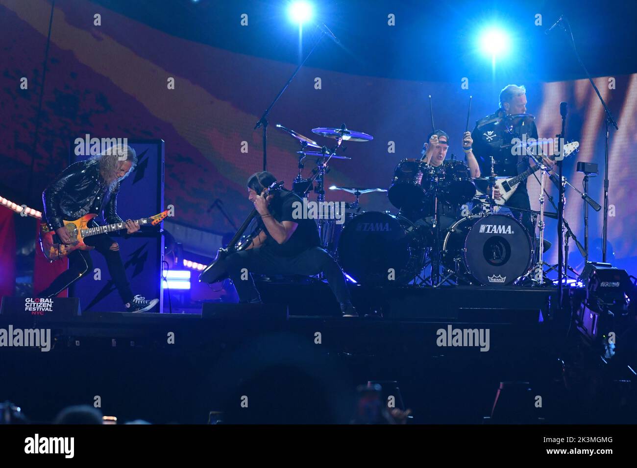 Kirk Hammett, Robert Trujillo, Lars Ulrich und James Hetfield von Metallica treten während des Global City Festivals im Central Park in New York auf Stockfoto