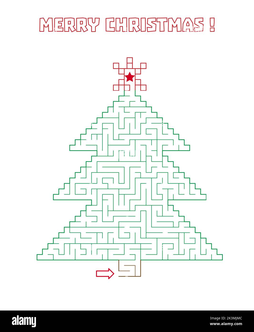 Weihnachtlich baumförmiges Labyrinth. Kinder Frohe Weihnachten Aktivitätsseite. Linie Labyrinth-Spiel. Mittlere Komplexität. Holiday Kids Labyrinth Puzzle, Vektor-Illustration Stock Vektor