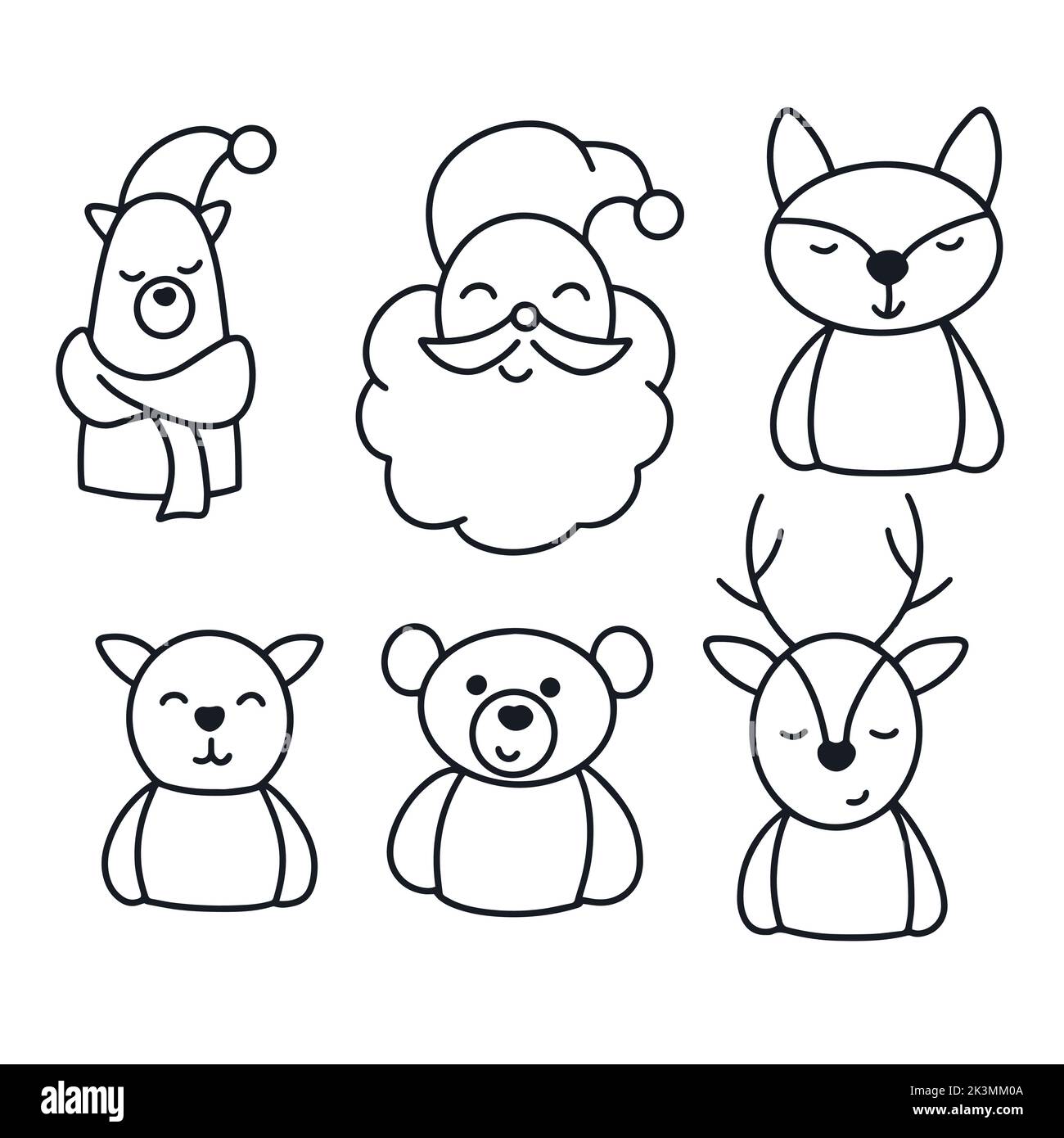 Legen Sie Weihnachtsfiguren Doodle-Stil. Bär, weihnachtsmann, Fuchs, Katze, Hirsch Konturbild Clipart. Einfache Darstellung von Konturvektoren Stock Vektor